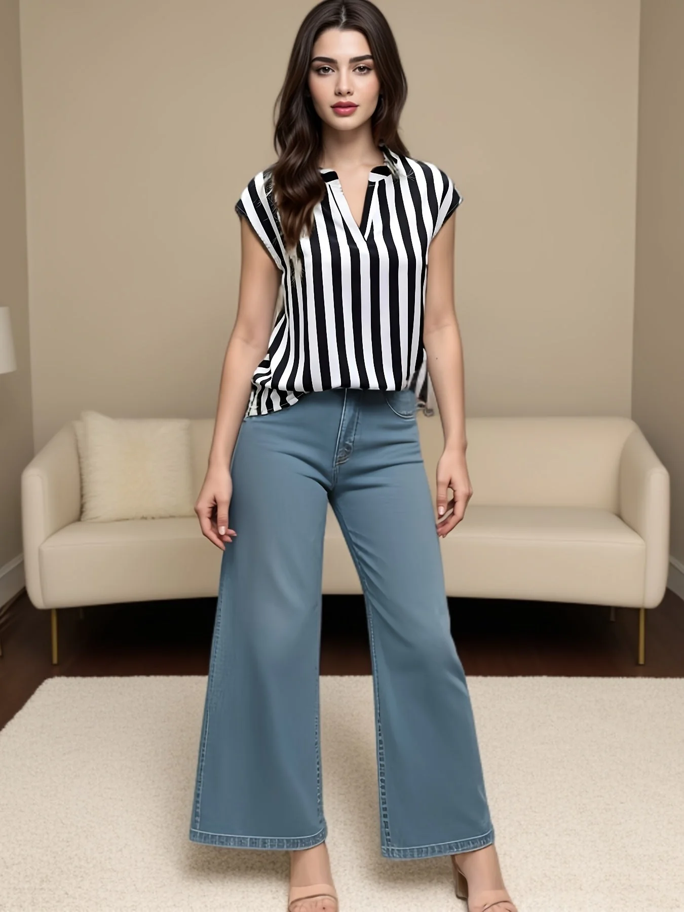 Damen Weitbein Jeanshose mit Streifenbluse – Modischer Freizeit-Look