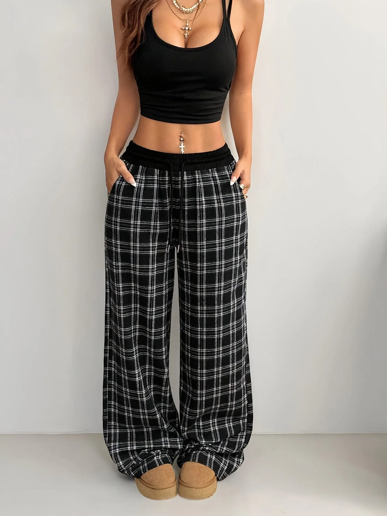 Damen Weitbeinige Karierte Freizeithose mit Kordelzug – Lässige Loungehose für Alltag und Wochenende