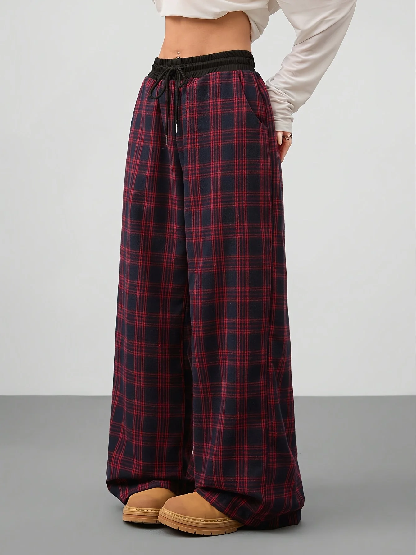 Damen Weitbeinige Karierte Freizeithose mit Kordelzug – Lässige Loungehose für Alltag und Wochenende - Image 8