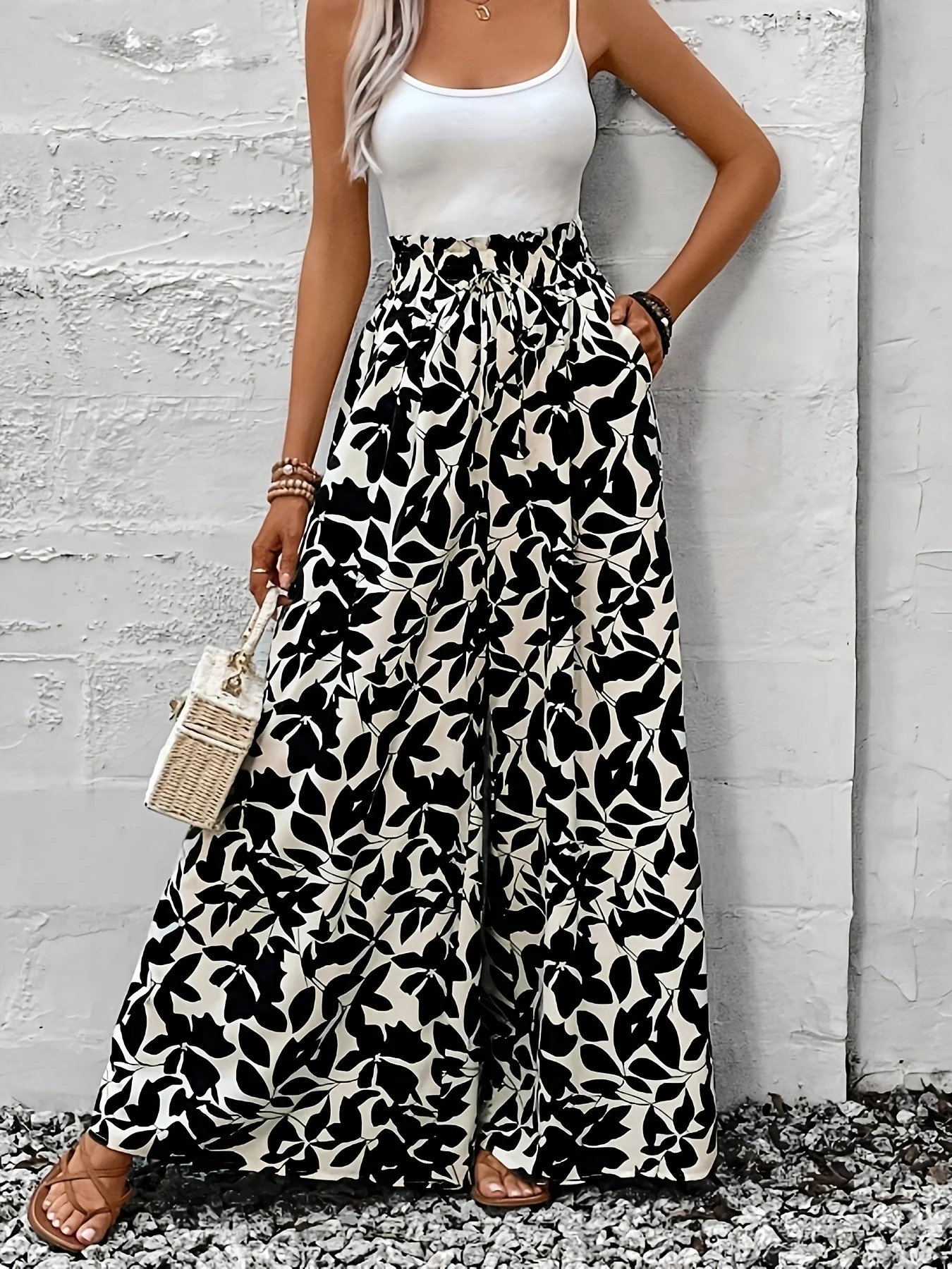 Damen Weite Hose mit Paperbag-Taille und Tropischem Blätterprint – Perfekt für Sommer, Freizeit & Urlaub - Image 8