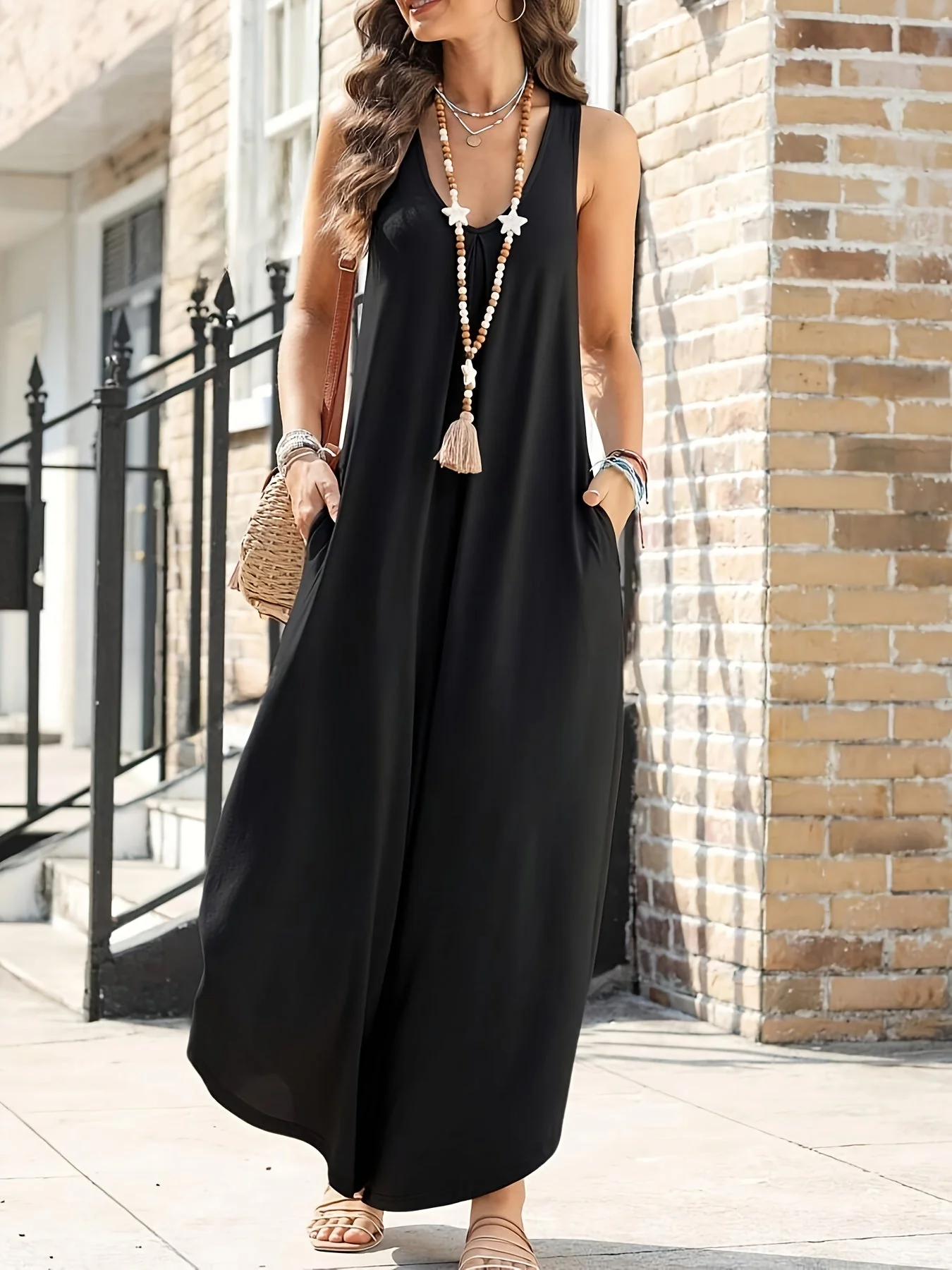 Damen Weites Jumpsuit mit V-Ausschnitt und Taschen – Eleganter Sommer Overall für Freizeit und Urlaub - Image 4