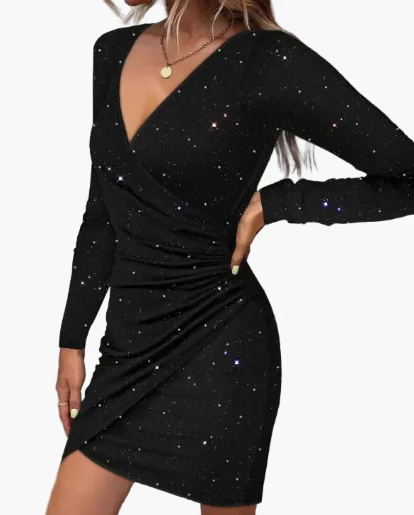 Damen Wickelkleid Elegante Partykleid mit Langarm und Galaxie-Print – Perfekt für Abendanlässe - Image 4