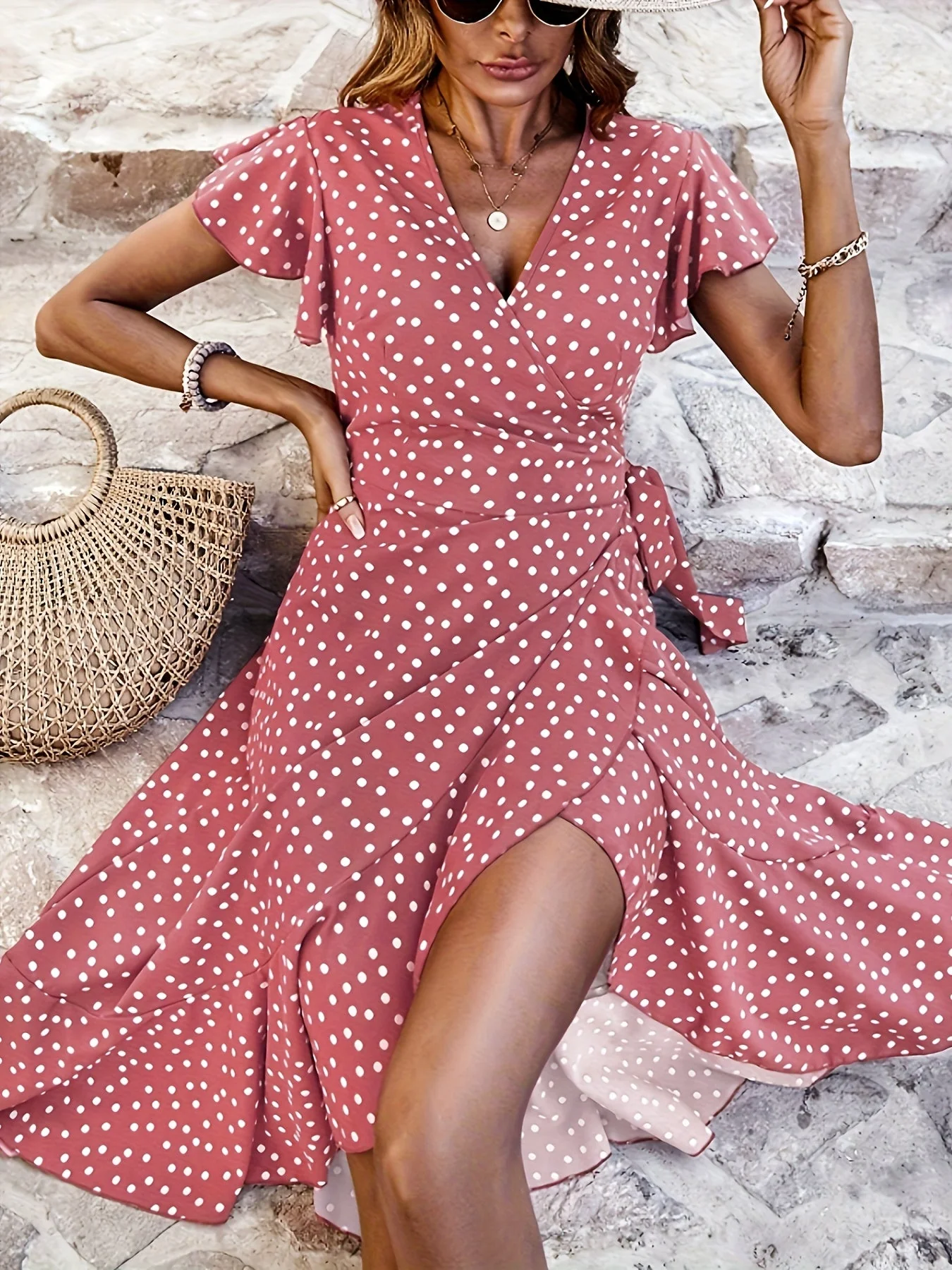 Damen Wickelkleid mit Punkten und Volantärmeln – Eleganter Sommer-Look für Alltag & Freizeit - Image 3