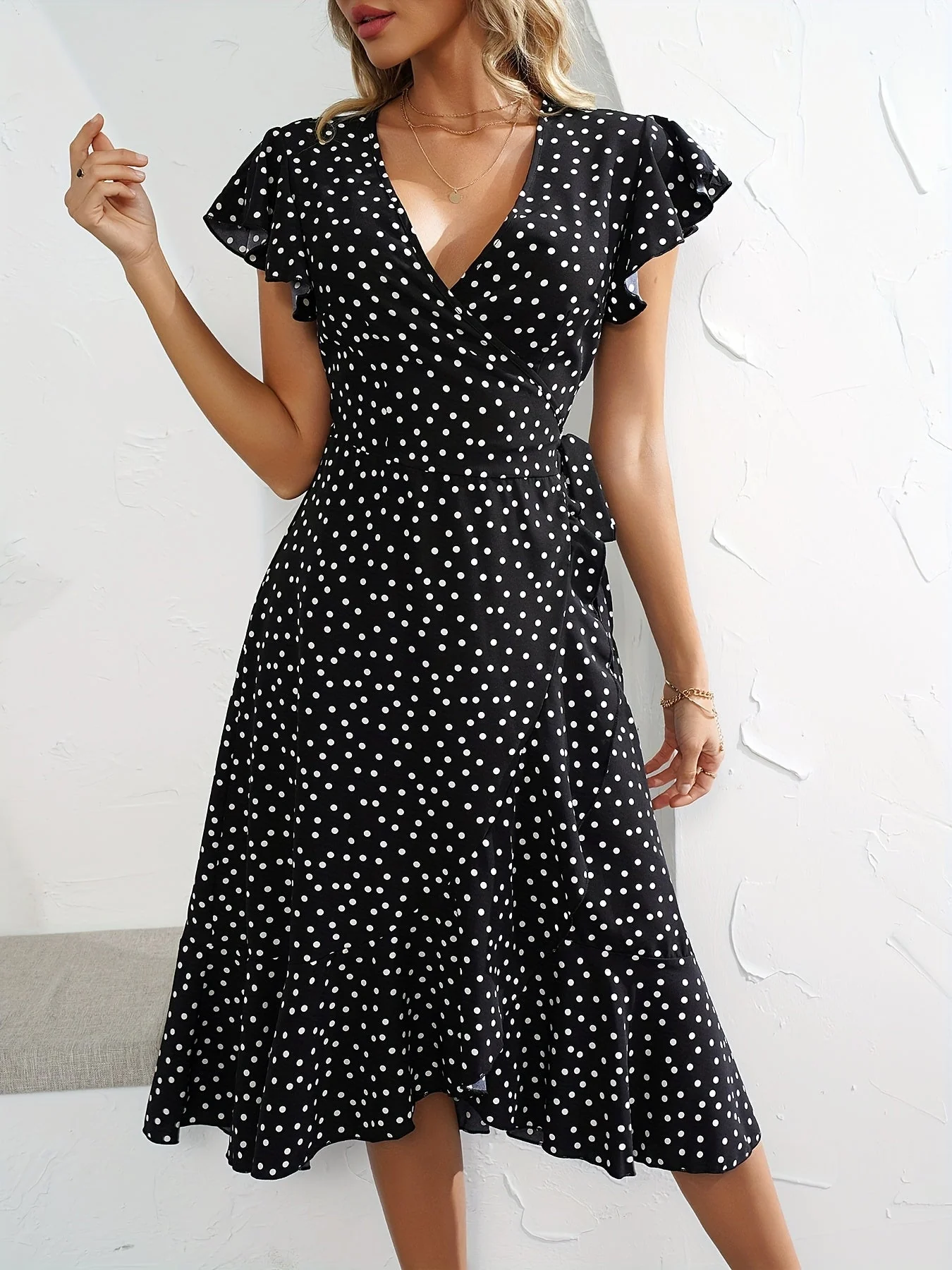 Damen Wickelkleid mit Punkten und Volantärmeln – Eleganter Sommer-Look für Alltag & Freizeit - Image 8