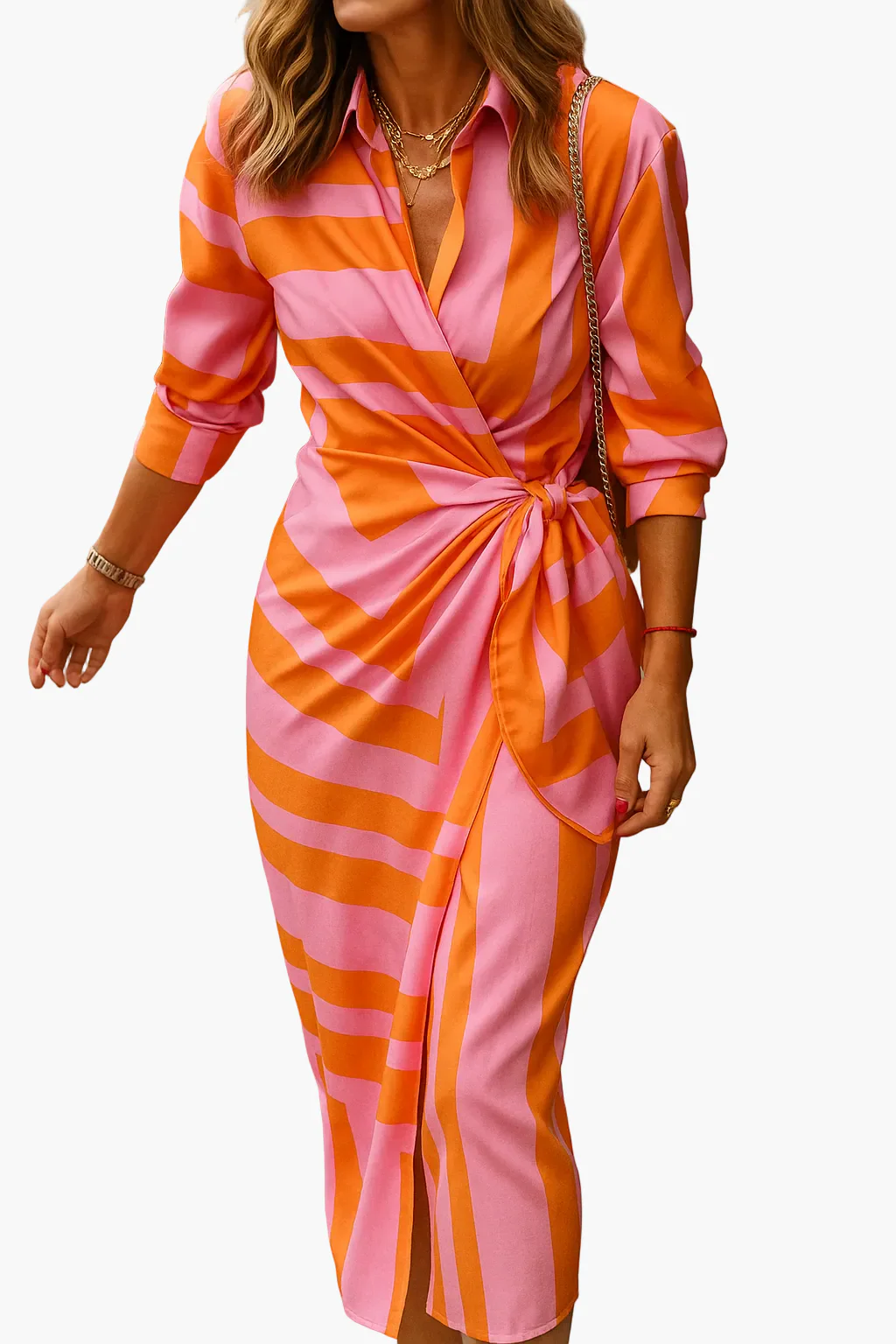 Damen Wickelkleid im Streifen-Design – Modernes Midi-Kleid für Alltag & besondere Anlässe