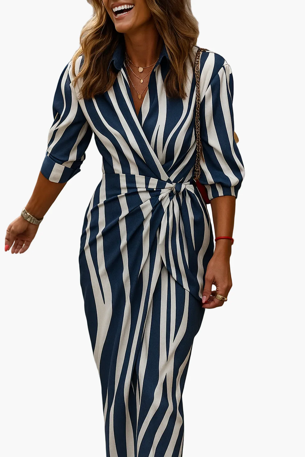 Damen Wickelkleid im Streifen-Design – Modernes Midi-Kleid für Alltag & besondere Anlässe - Image 4
