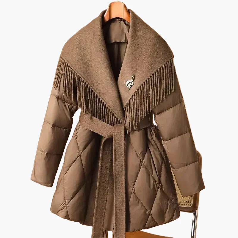 Damen Winter Steppmantel mit Fransen und Gürtel – Modischer Koreanischer Stil, Elegant und Bequem