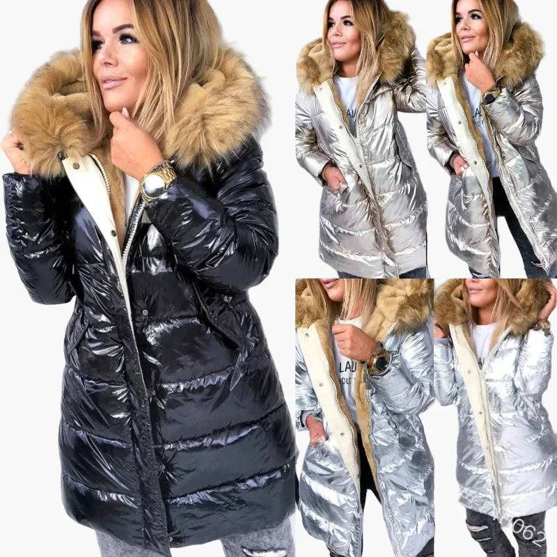 Damen Winter Steppmantel mit Kapuze und Pelzkragen – Modischer Europäisch-Amerikanischer Stil, Warm, Elegant, Alltag und Outdoor