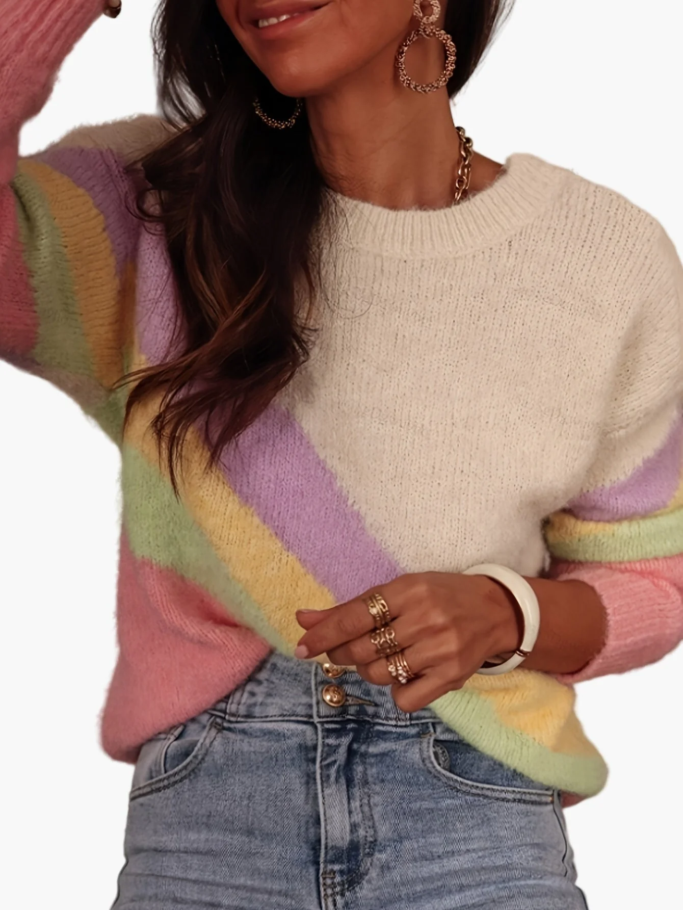 Damen Y2K Pullover mit Regenbogenstreifen – Modischer Strickpullover für Alltag und Freizeit