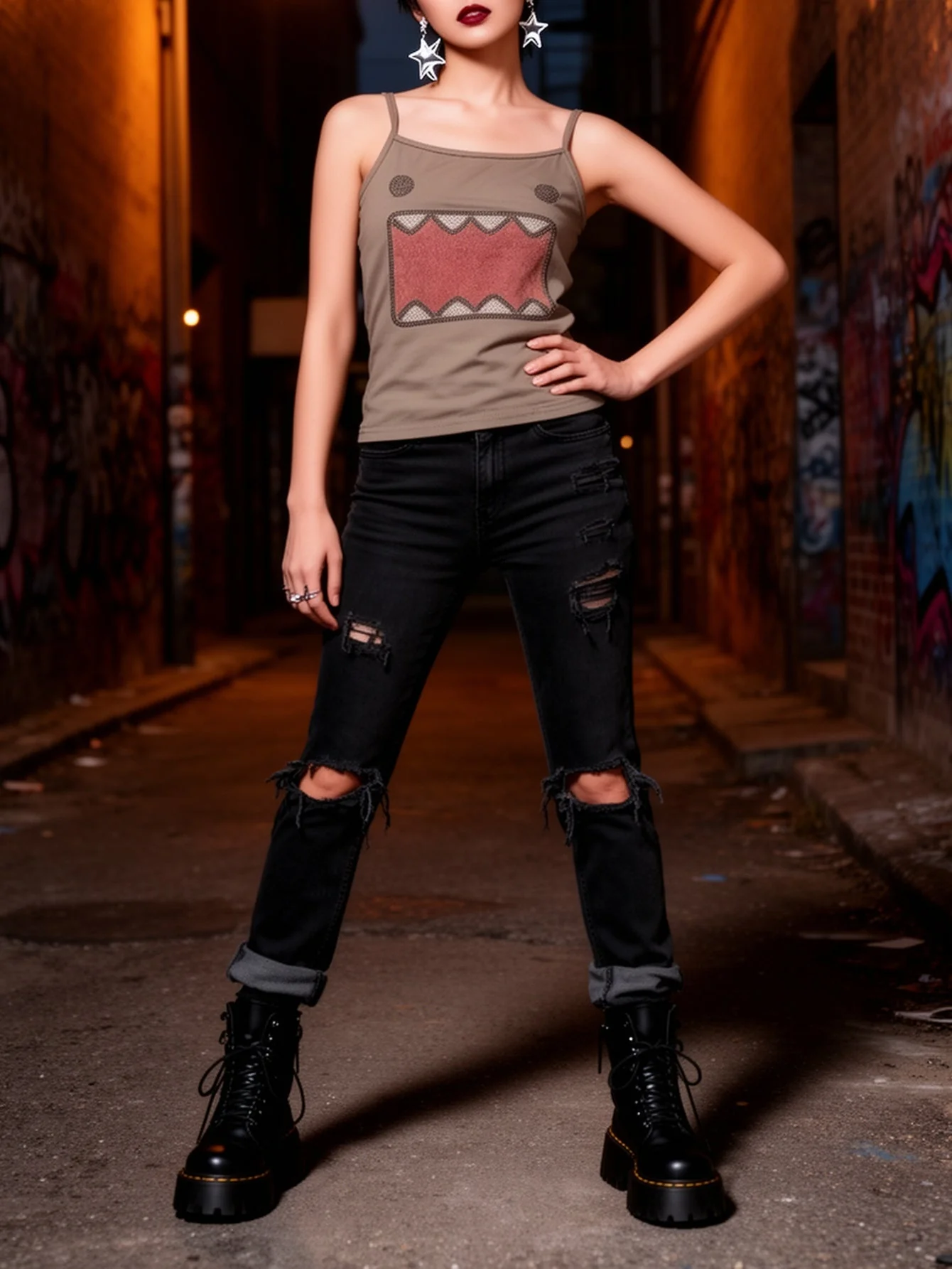 Damen Y2K Streetstyle Tanktop mit Grafik-Print und Ripped Jeans – Modisches Freizeit-Outfit