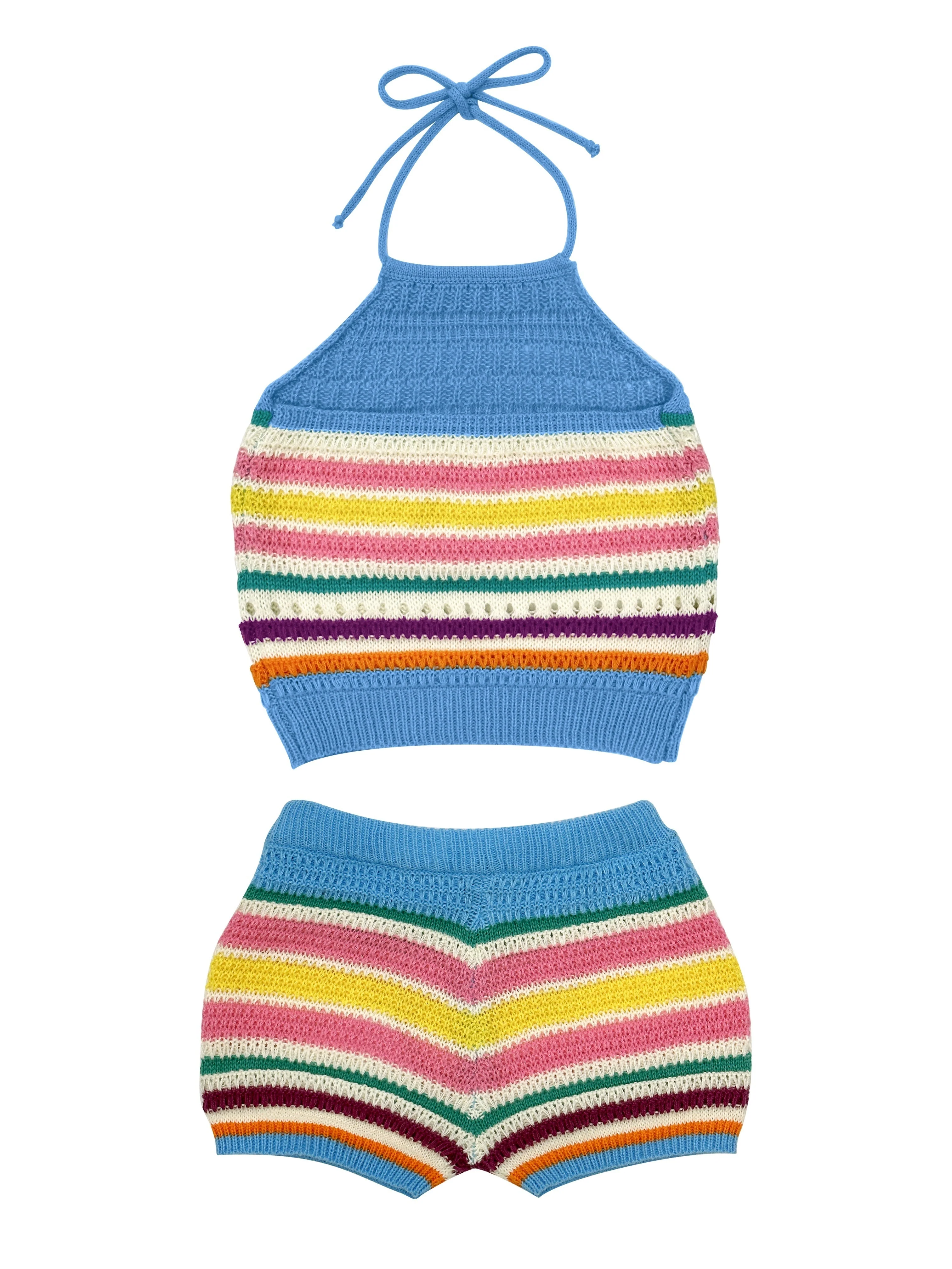 Damen Y2K Strick-Set mit Halterneck-Top und Shorts – Bunte Streifen, Sommer Freizeit Outfit - Image 5