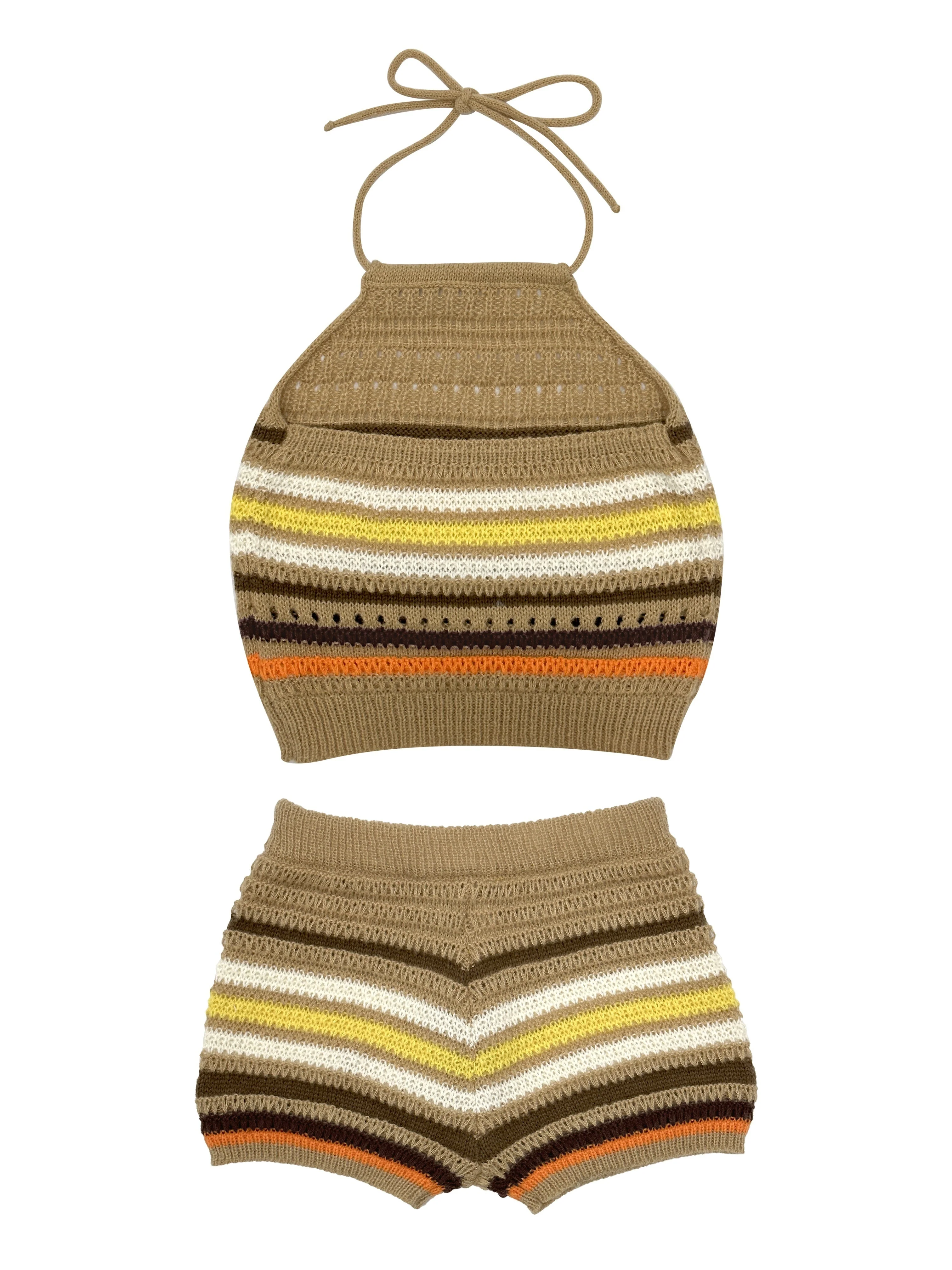 Damen Y2K Strick-Set mit Halterneck-Top und Shorts – Bunte Streifen, Sommer Freizeit Outfit - Image 6