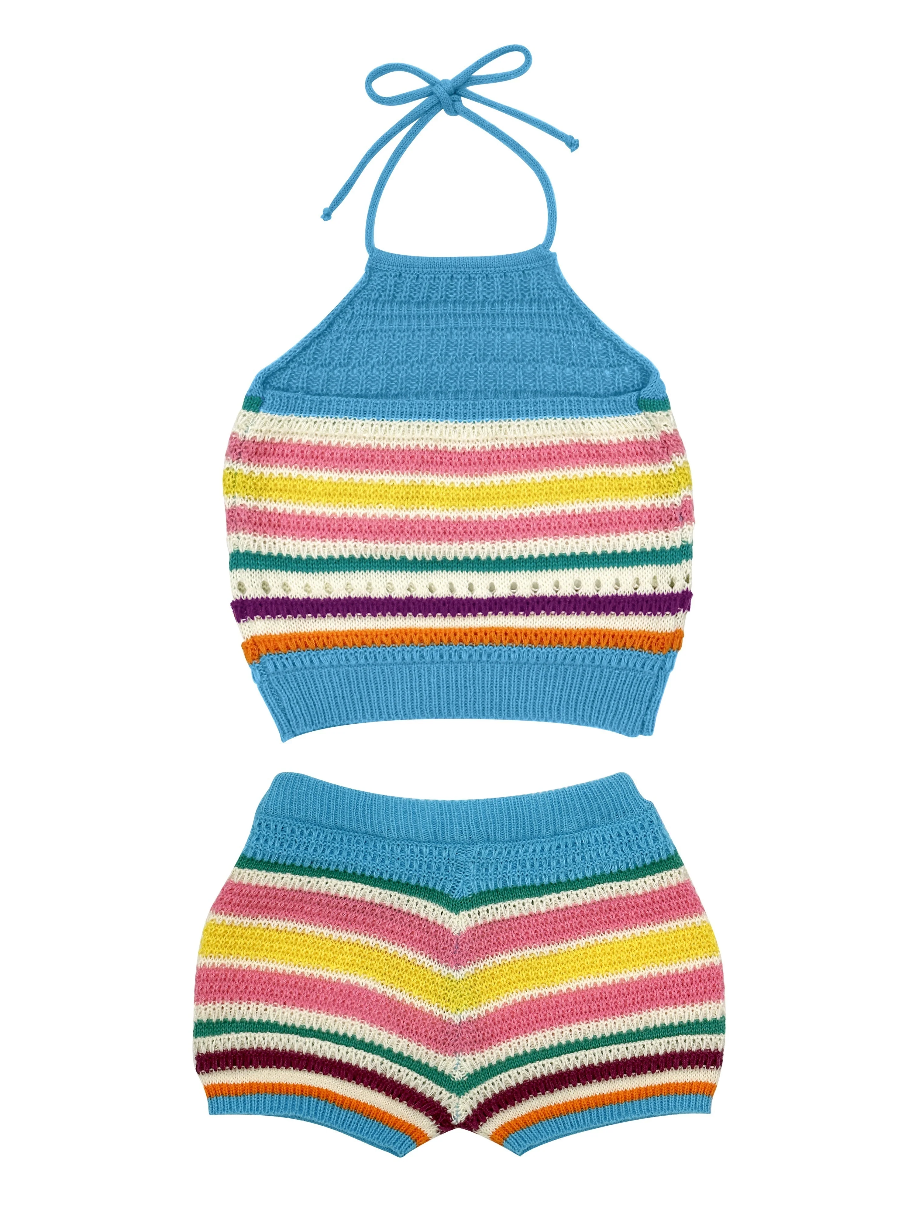 Damen Y2K Strick-Set mit Halterneck-Top und Shorts – Bunte Streifen, Sommer Freizeit Outfit - Image 8