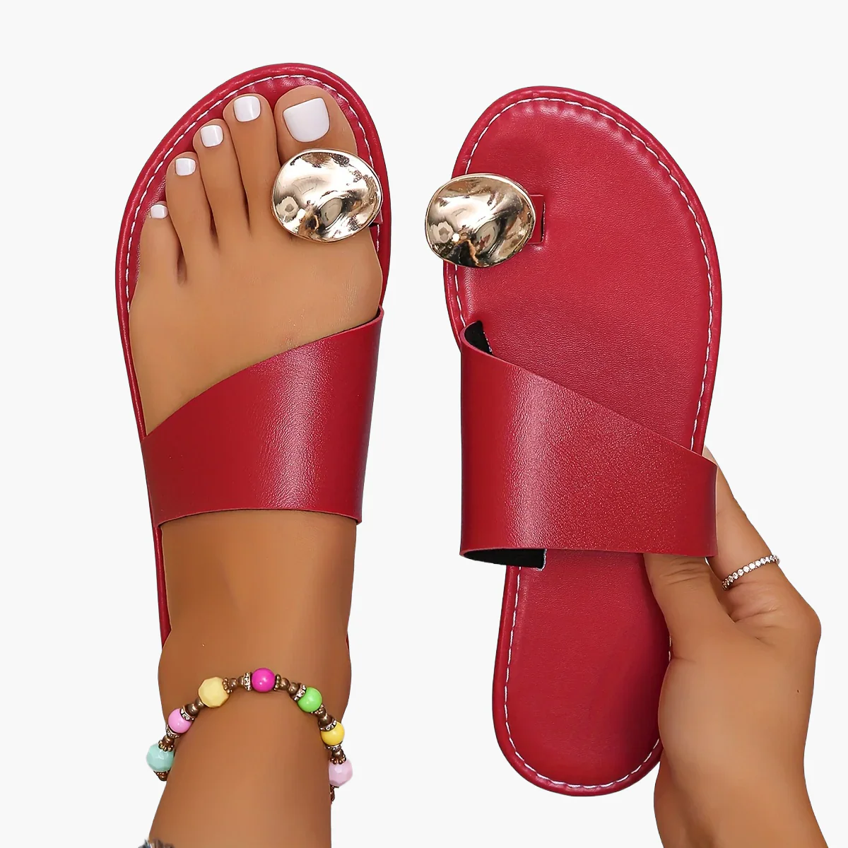 Damen Zehentrenner Sandalen mit Metallic-Dekor – Modische Slip-On Sommerschuhe - Image 15