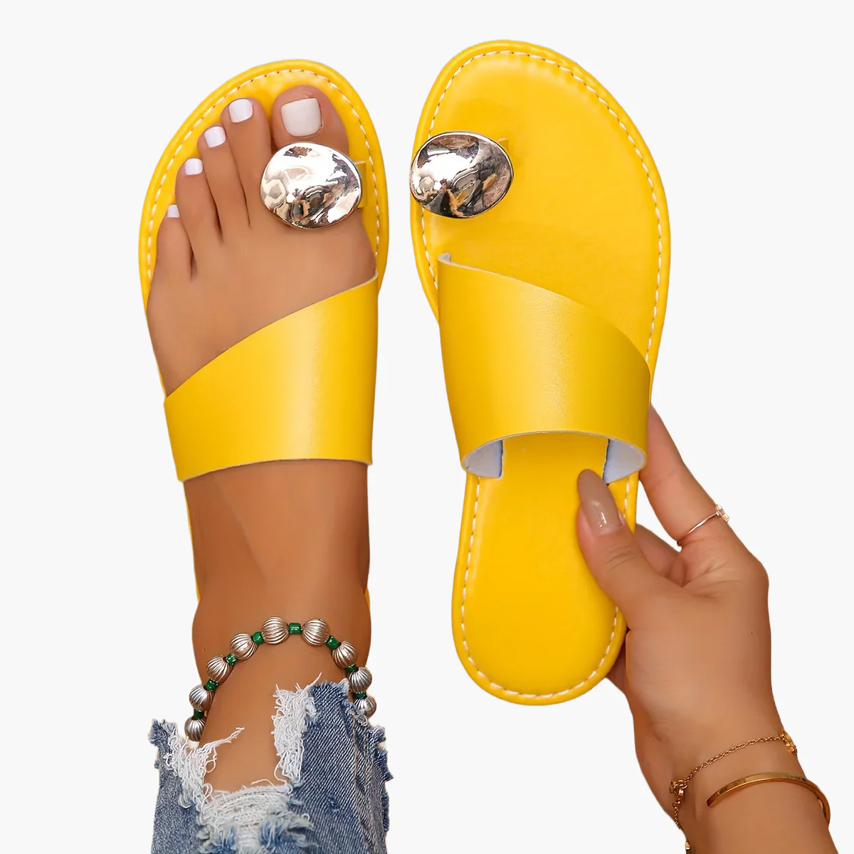 Damen Zehentrenner Sandalen mit Metallic-Dekor – Modische Slip-On Sommerschuhe - Image 16