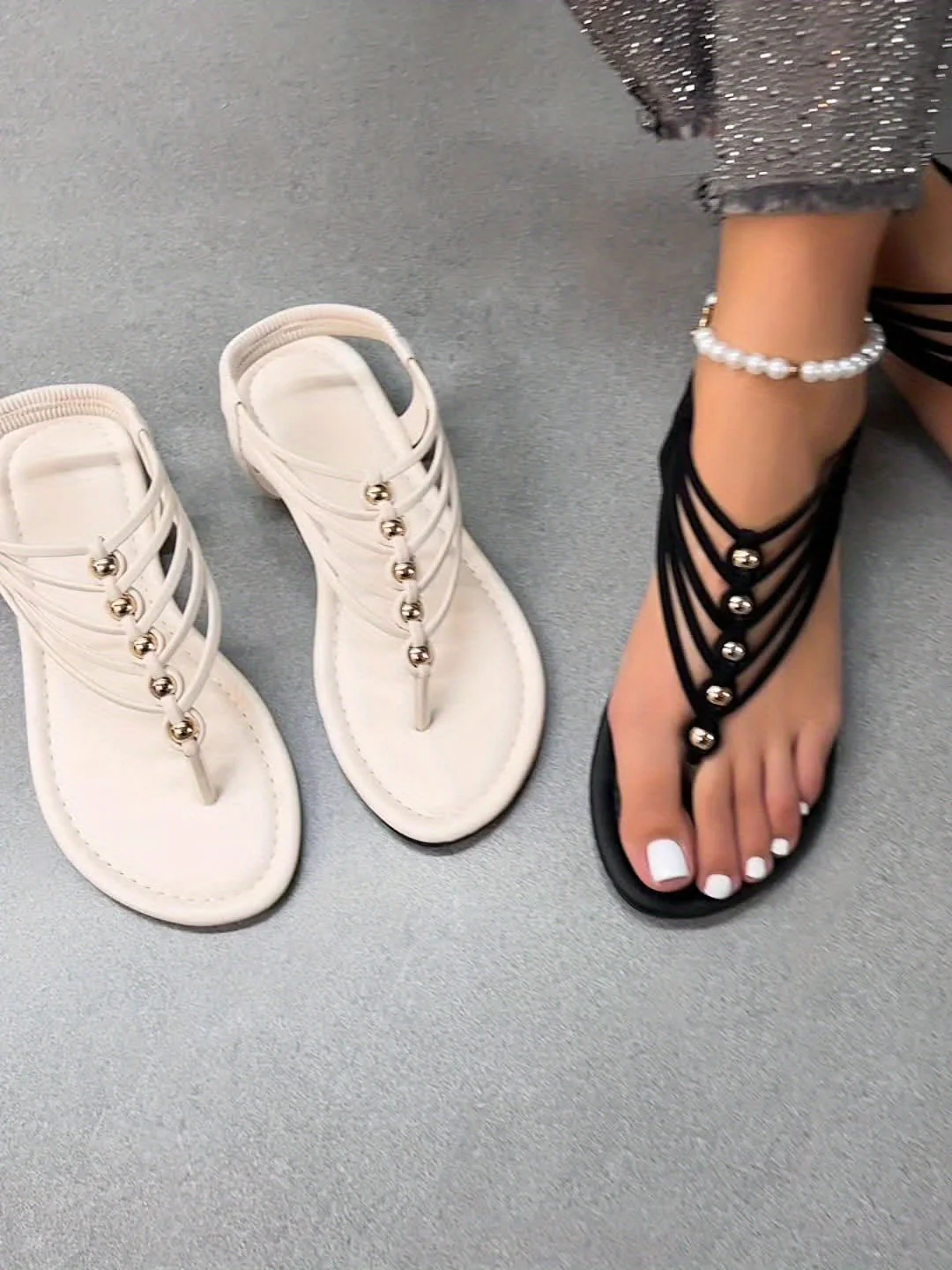 Damen Zehentrenner Sandalen mit Perlenverzierung – Modische Sommer-Slipper für Urlaub & Freizeit - Image 9