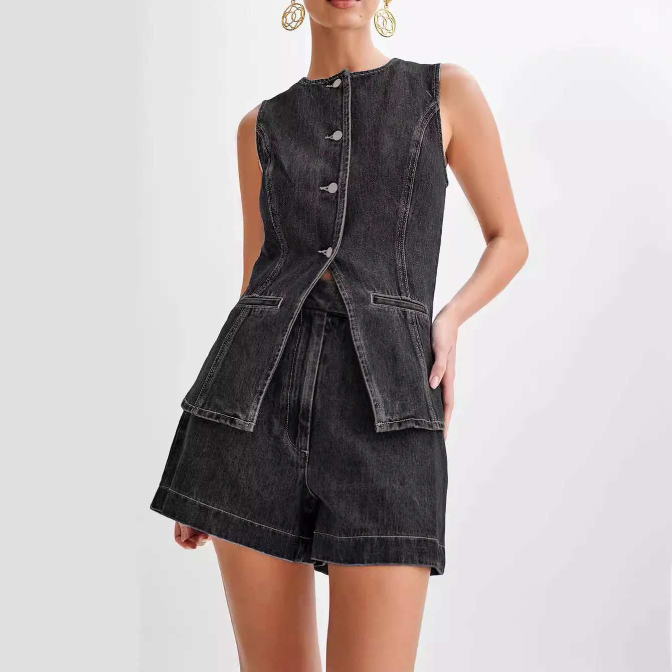 Damen Zweiteiler Jeansweste und High-Waist Shorts Set – Modisches Streetwear Outfit für Freizeit & Sommer - Image 11