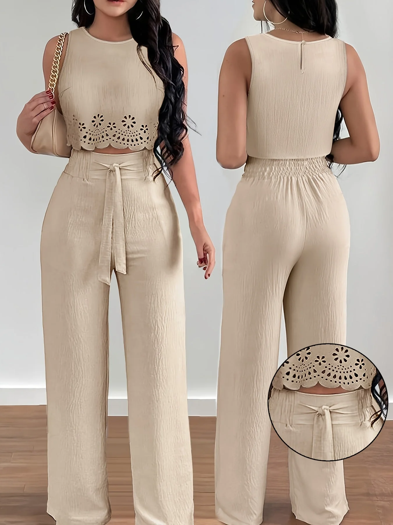 Damen Zweiteiler Set Elegant – Ärmelloses Crop Top mit Lochstickerei und Weite Hose, Perfekt für Frühling und Sommer