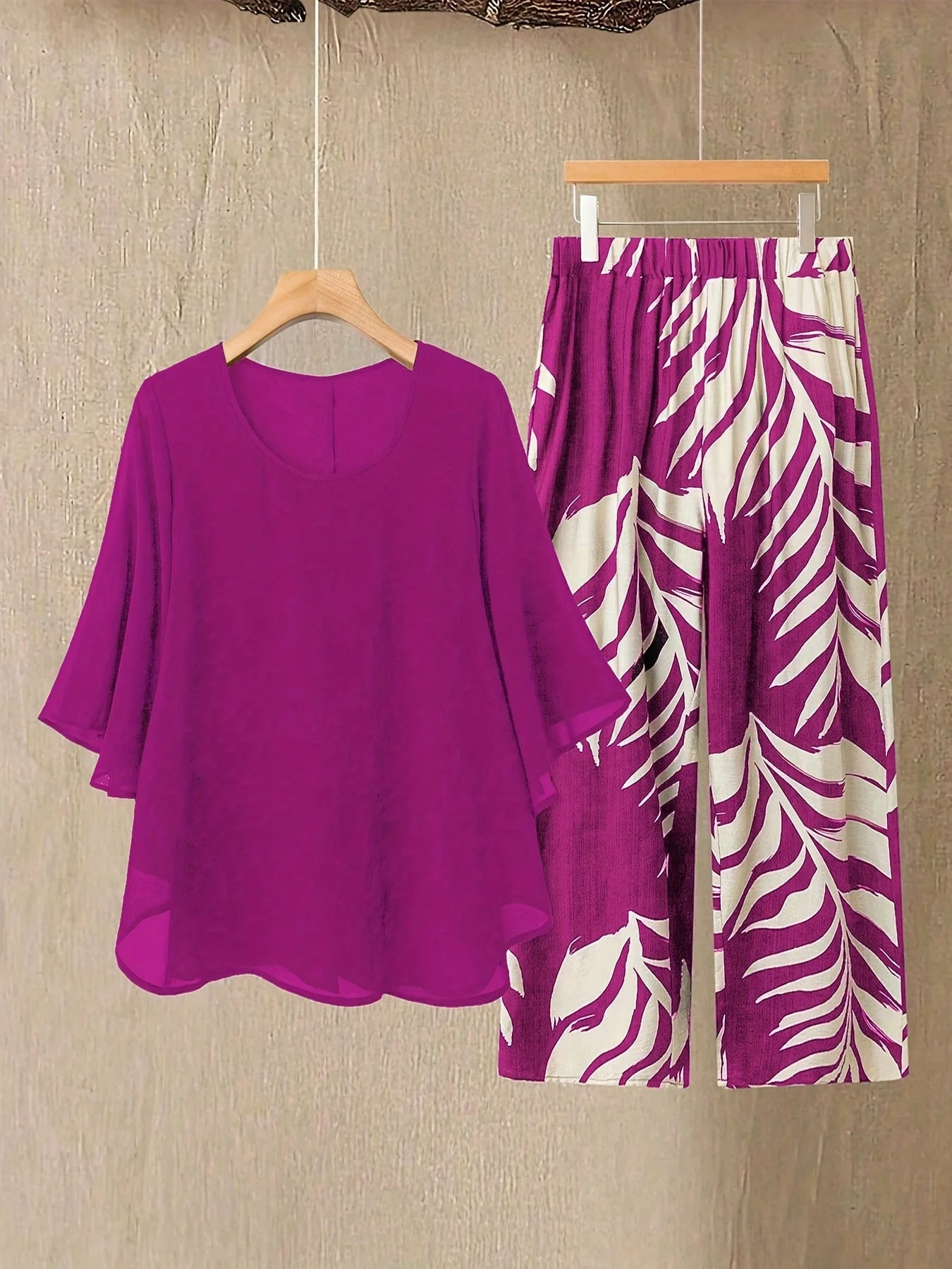 Damen Zweiteiler Set Elegant – Weite Hose mit Tropenmuster und Lockeres Blusenshirt, Modisch für Urlaub & Sommer - Image 2