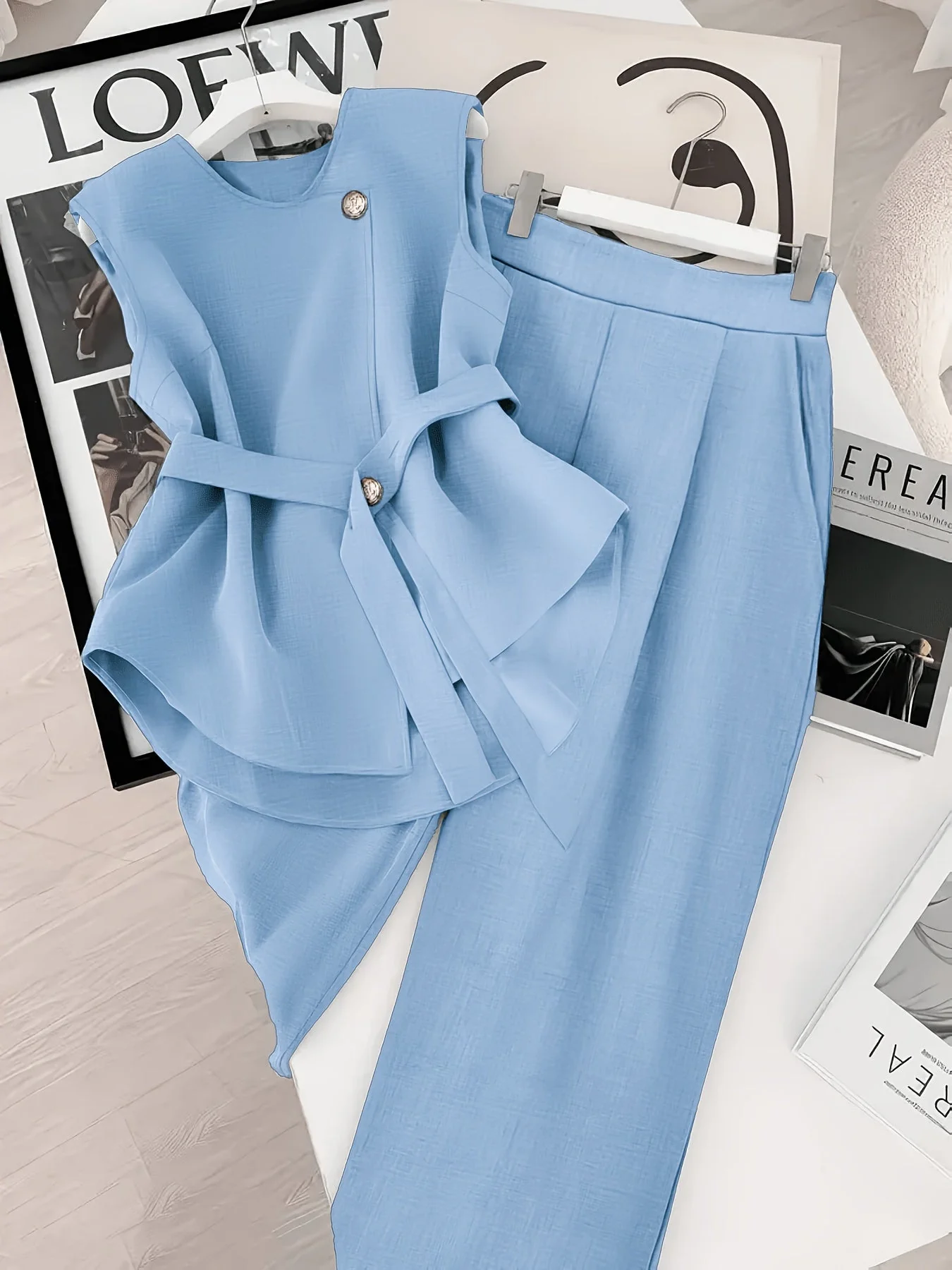 Damen Zweiteiler Set – Elegantes Business Outfit mit Wickeloberteil und weiter Hose – Modernes Büro & Anlass Ensemble