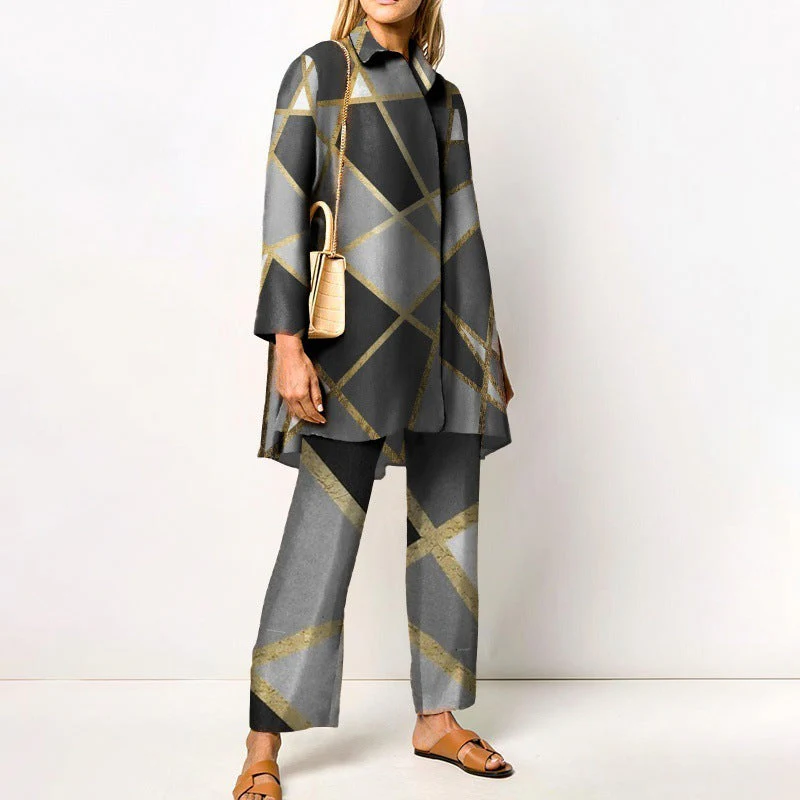Damen Zweiteiler Set mit modernem geometrischem Muster – Lässiges Outfit für Alltag und Büro - Image 14