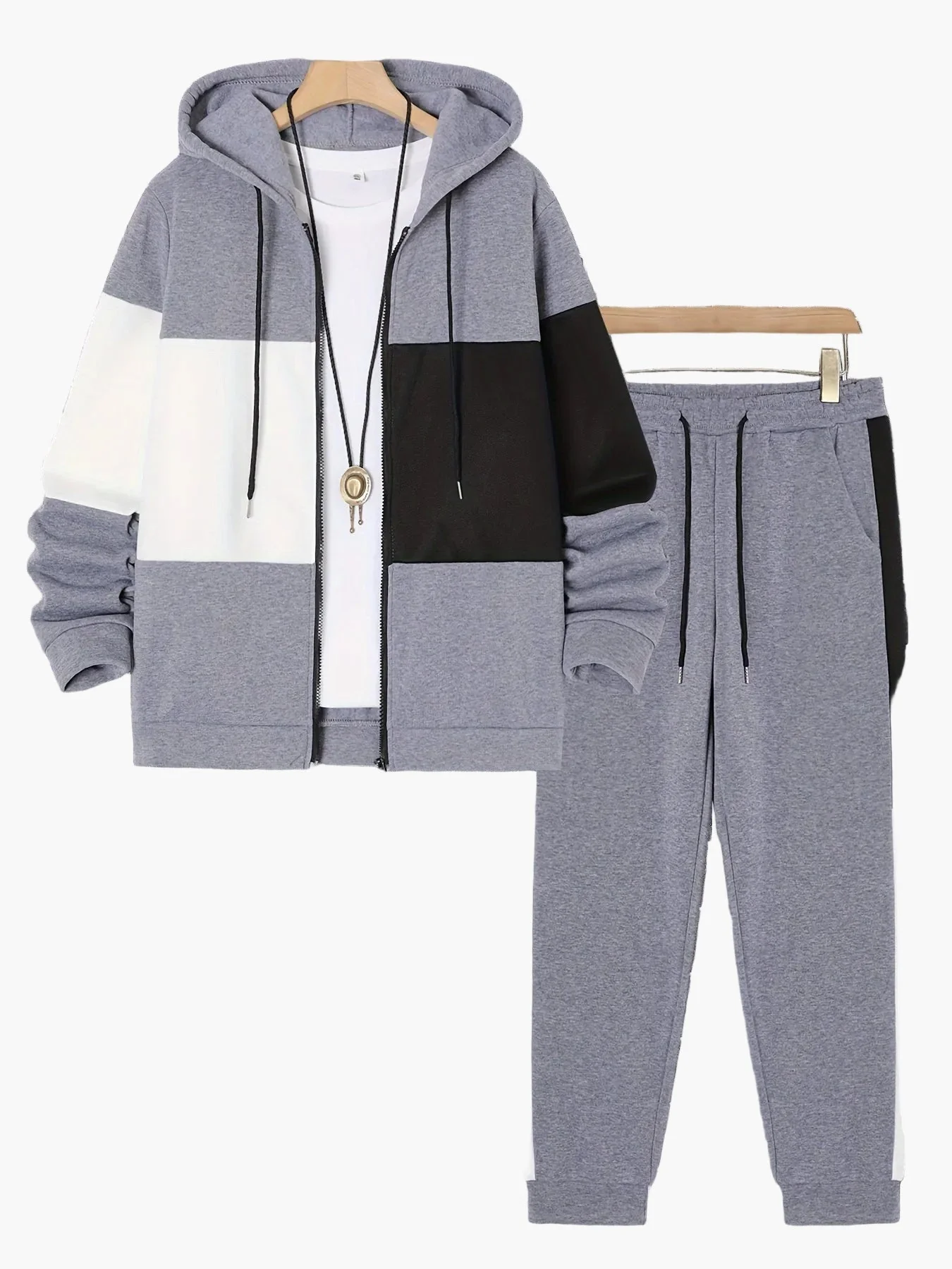 Herren Freizeit Trainingsanzug mit Kapuze – Sportlicher Patchwork-Look für Alltag und Fitness - Image 3