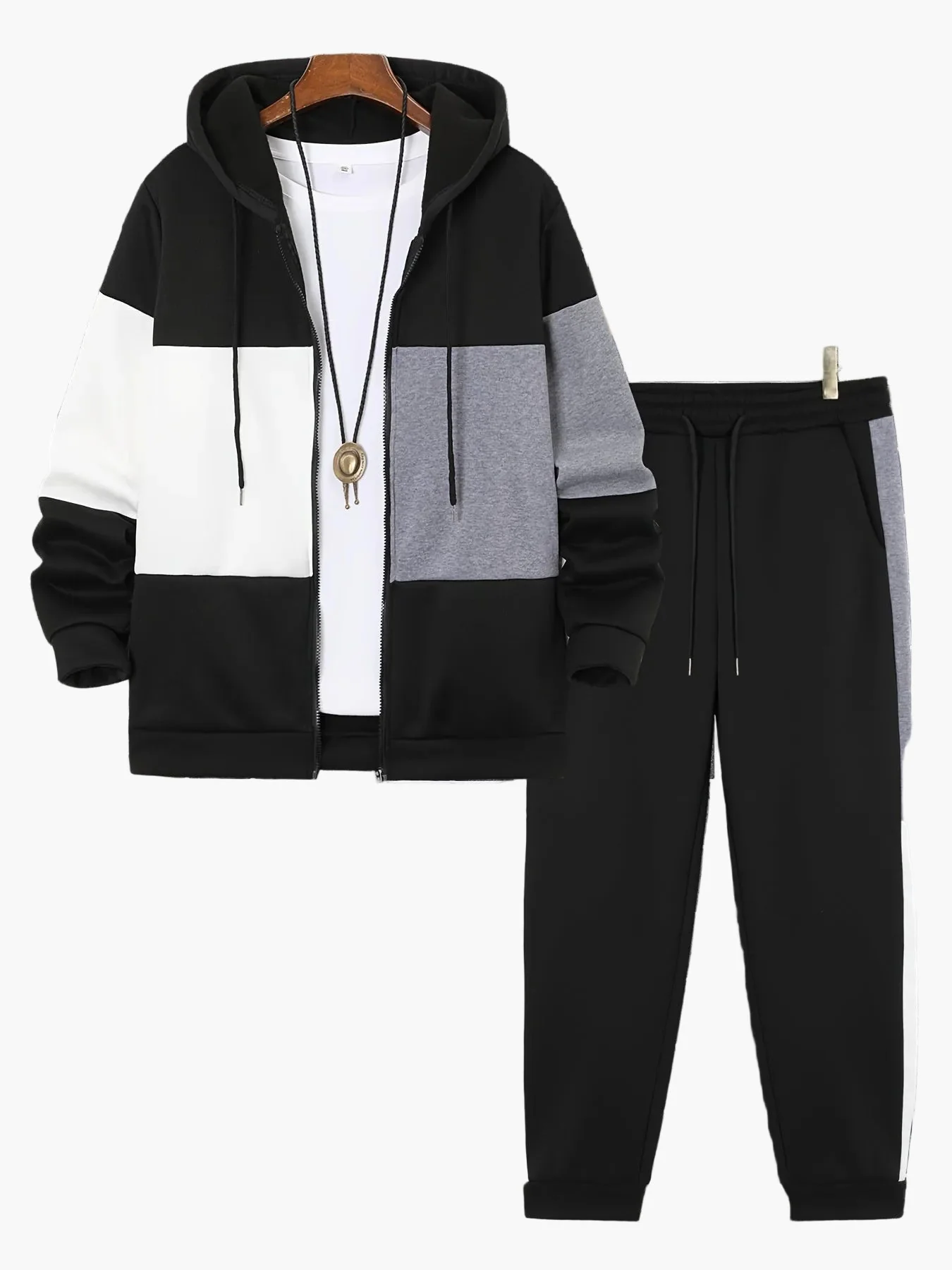 Herren Freizeit Trainingsanzug mit Kapuze – Sportlicher Patchwork-Look für Alltag und Fitness - Image 5