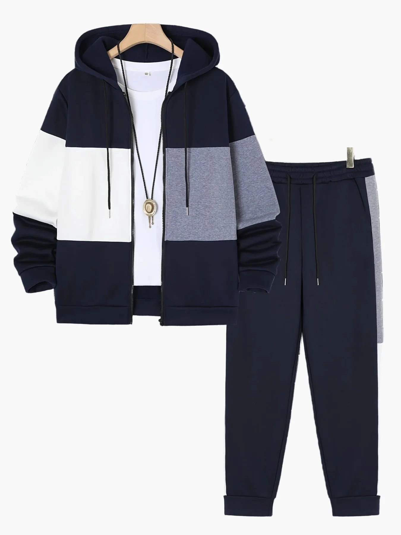 Herren Freizeit Trainingsanzug mit Kapuze – Sportlicher Patchwork-Look für Alltag und Fitness - Image 6
