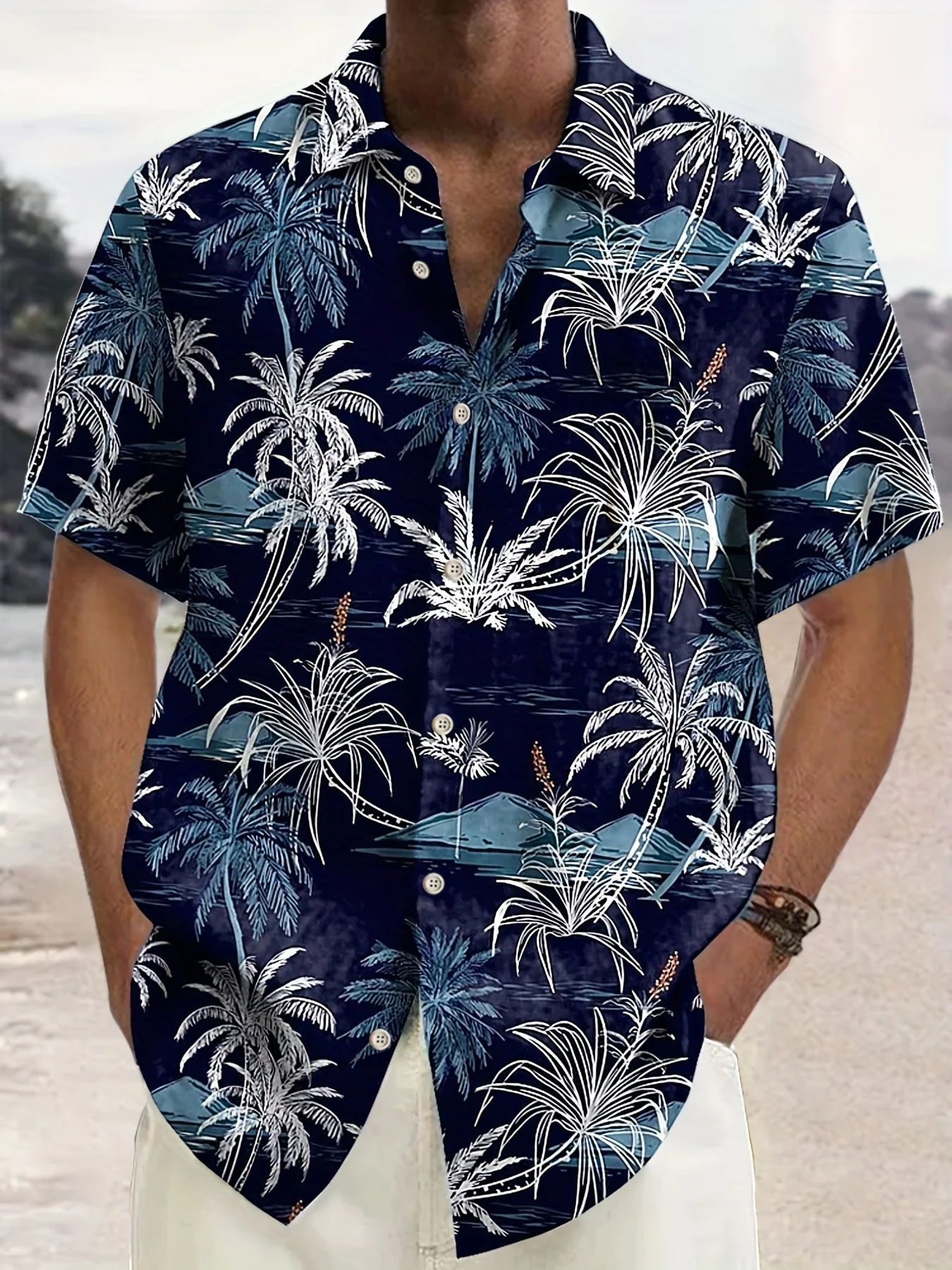 Herren Freizeithemd mit tropischem Palmenmuster – Kurzarm, Sommer, Strand, Button-Down