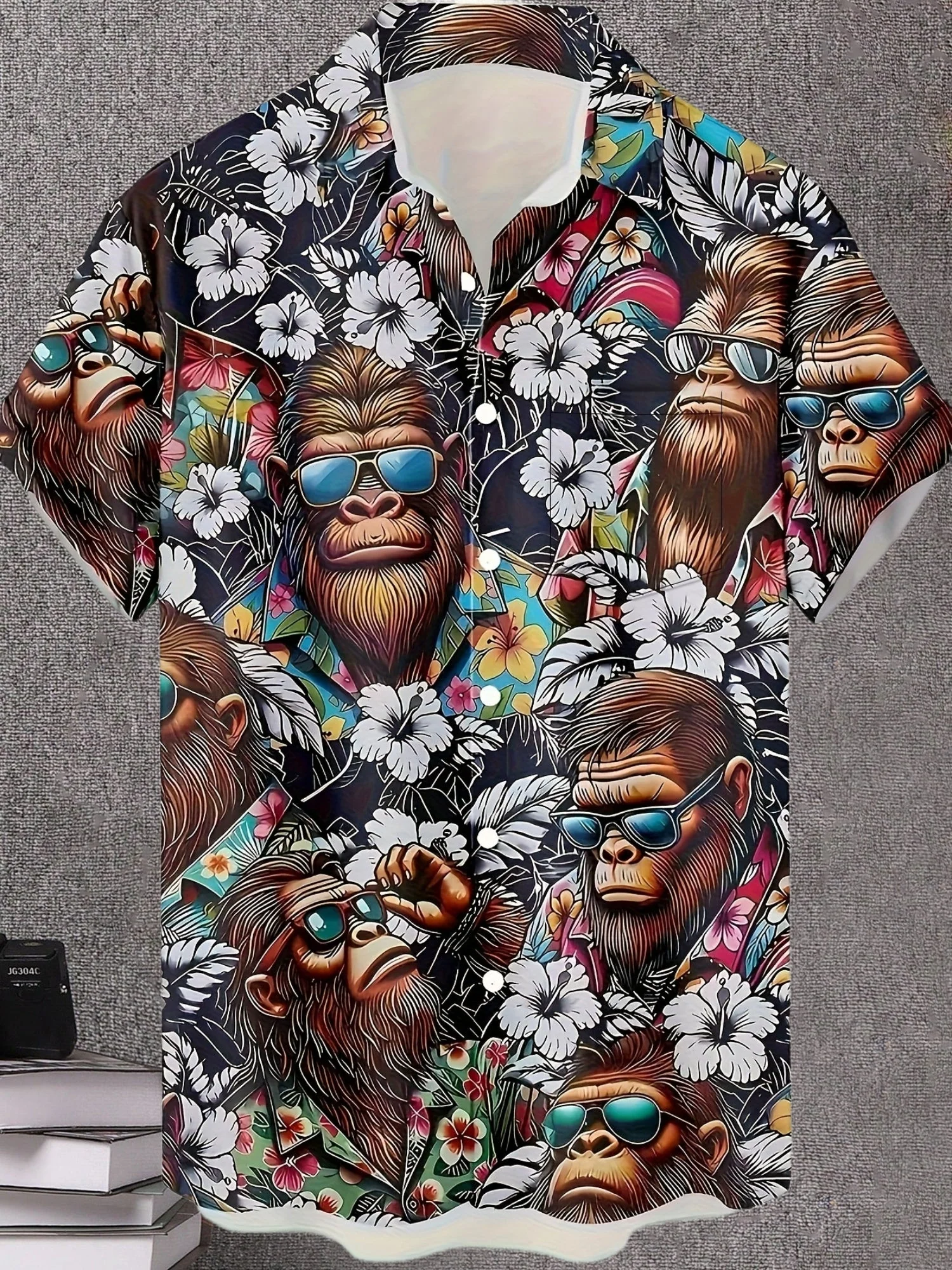 Herren Hawaiihemd mit Affen- und Blumenmuster – Lustiges Sommerhemd, Kurzarm, Freizeit