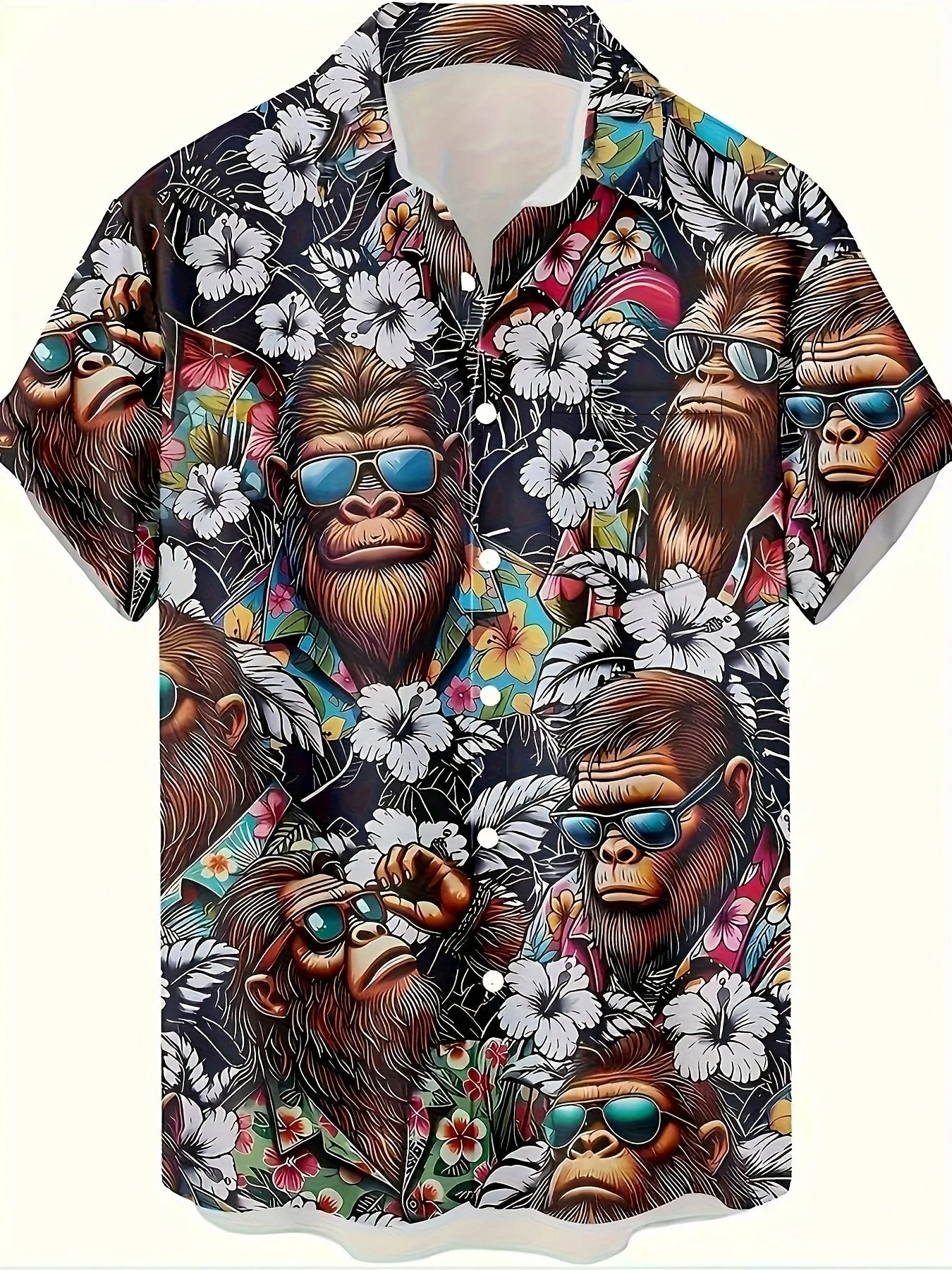 Herren Hawaiihemd mit Affen- und Blumenmuster – Lustiges Sommerhemd, Kurzarm, Freizeit - Image 2