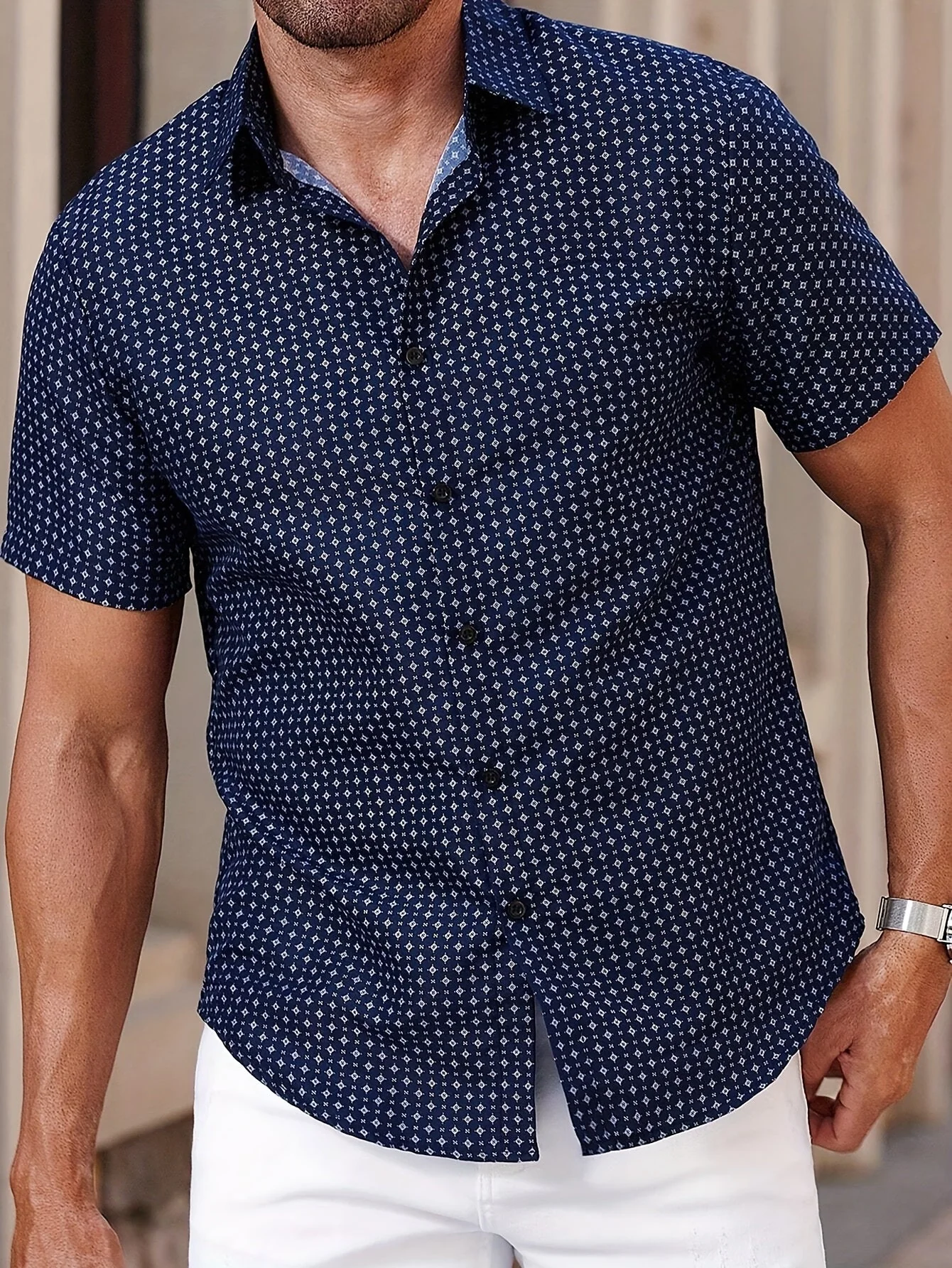 Herren Kurzarm Freizeithemd mit geometrischem Muster – Modernes Sommerhemd für Alltag und Freizeit - Image 4