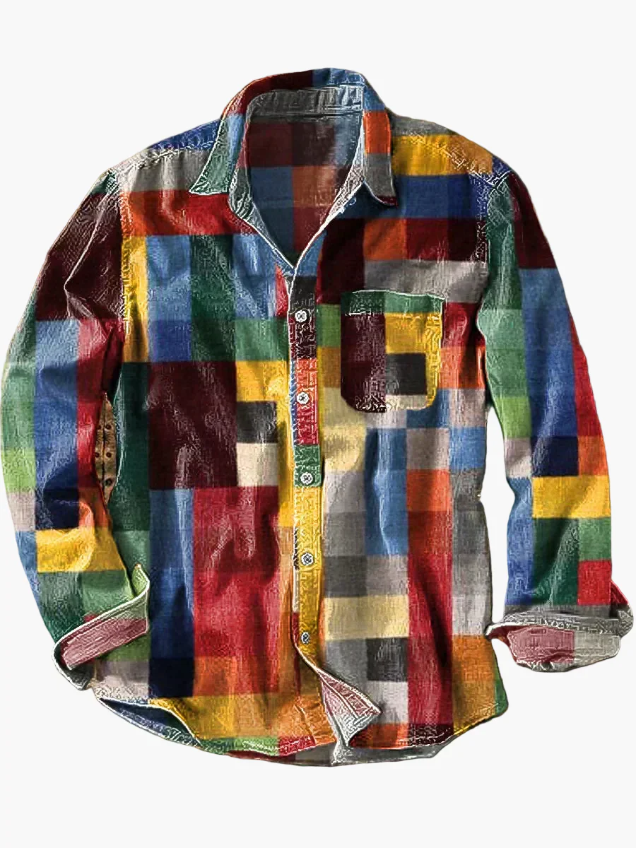 Herren Patchwork Freizeithemd – Modernes Künstlerisches Langarmhemd für Alltag & Freizeit