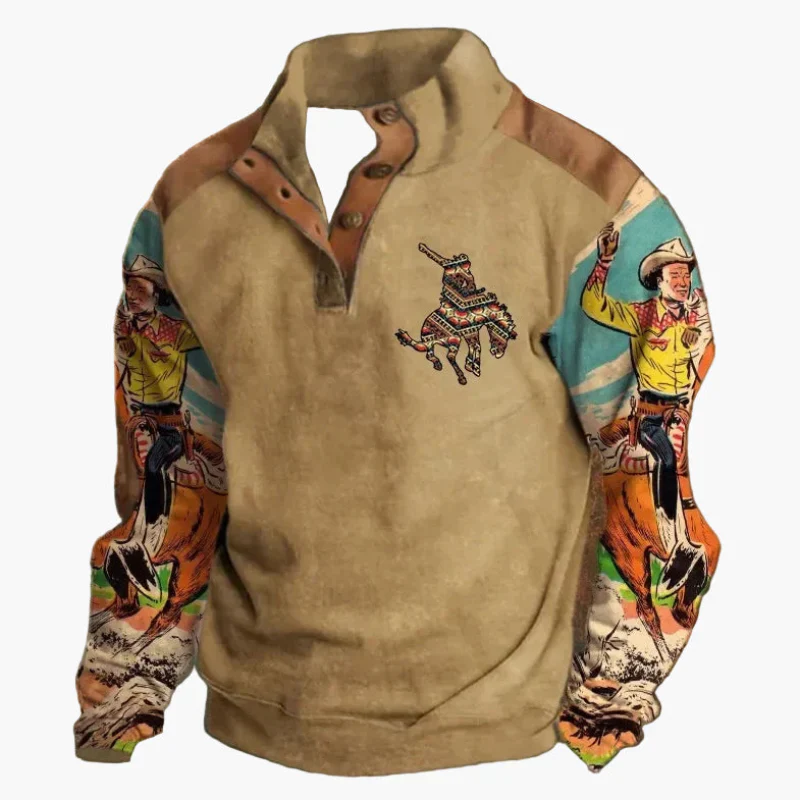 Herren Pullover im Cowboy Western Stil mit Digitaldruck und Stehkragen – Perfekt für Outdoor und Freizeit
