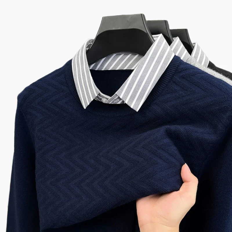 Herren Pullover mit Fake-Hemdkragen im Business-Look – Eleganter Strickpullover für Büro & Alltag - Image 3