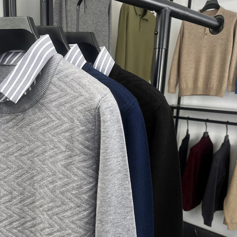Herren Pullover mit Fake-Hemdkragen im Business-Look – Eleganter Strickpullover für Büro & Alltag - Image 4
