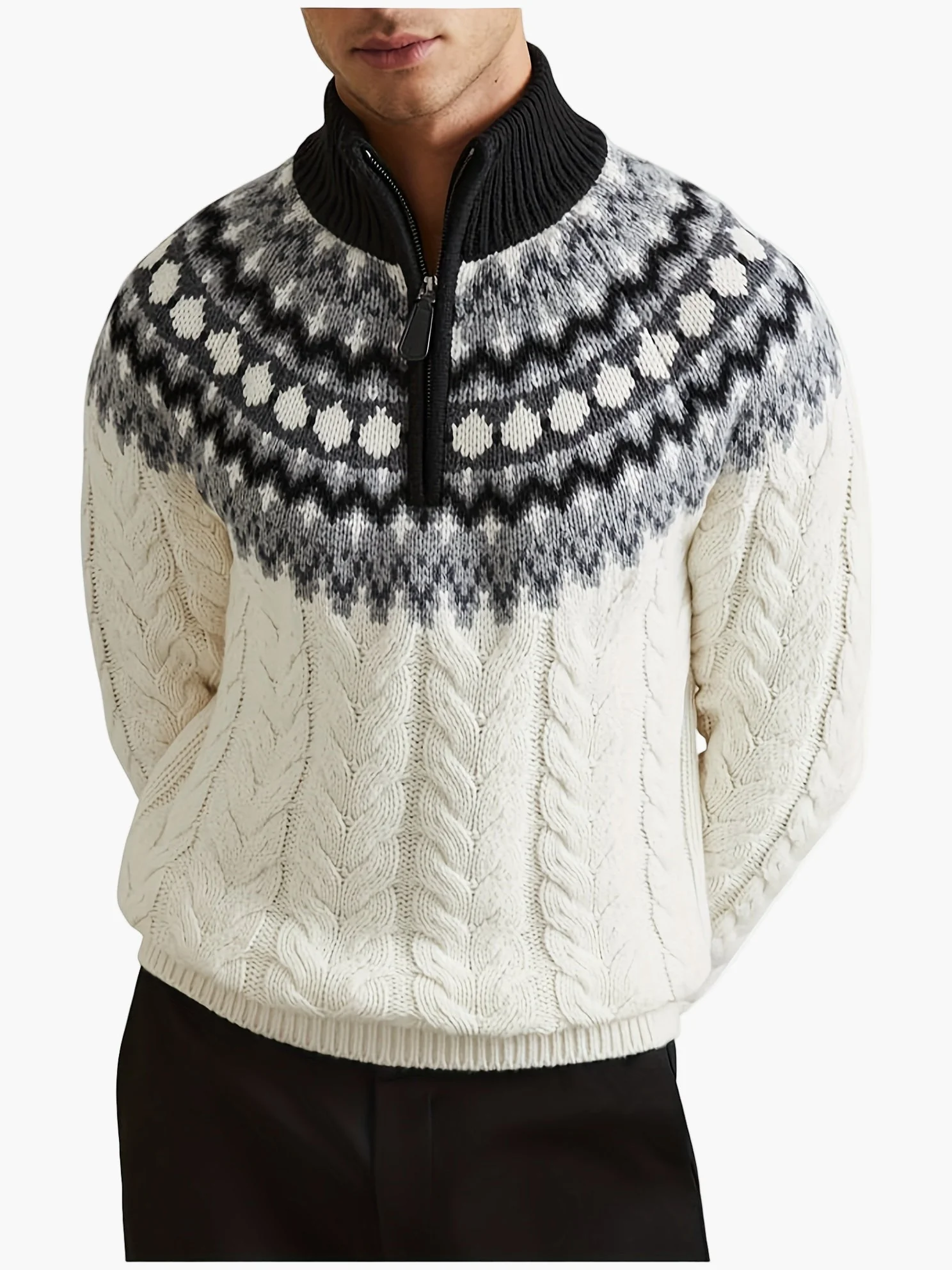 Herren Pullover im Norwegerstil mit Zopfmuster und Stehkragen – Lässiger Winter Strickpullover mit Viertelreißverschluss