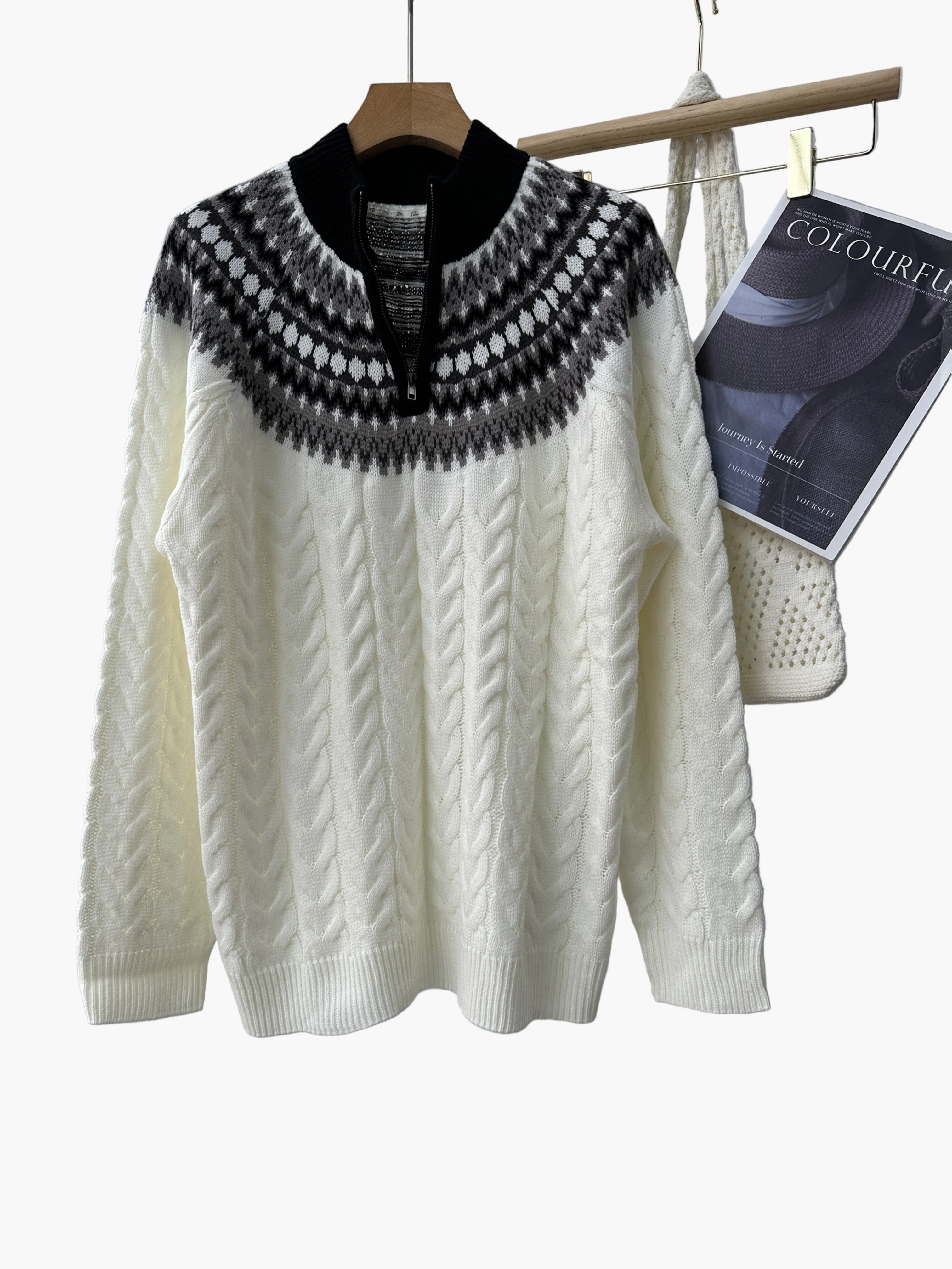 Herren Pullover im Norwegerstil mit Zopfmuster und Stehkragen – Lässiger Winter Strickpullover mit Viertelreißverschluss - Image 3