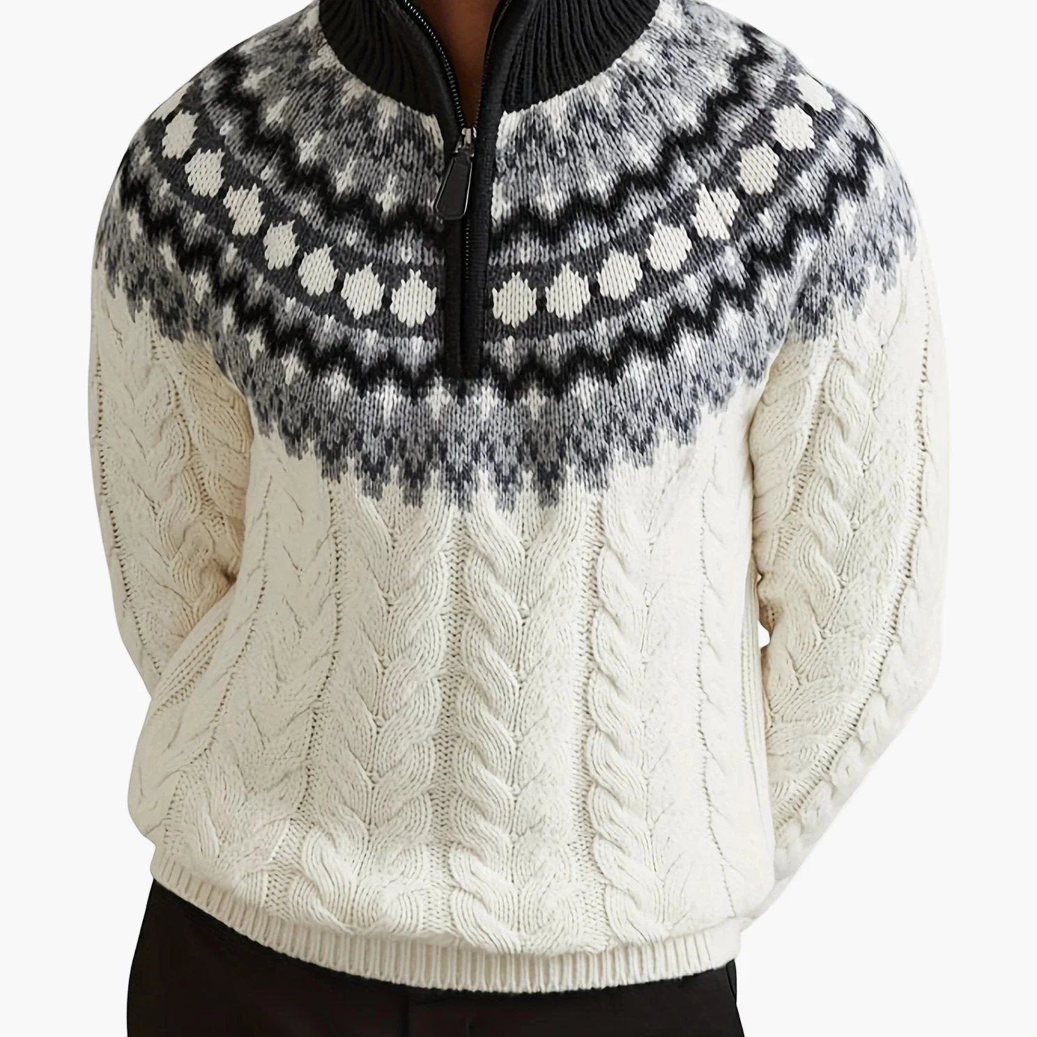 Herren Pullover im Norwegerstil mit Zopfmuster und Stehkragen – Lässiger Winter Strickpullover mit Viertelreißverschluss - Image 9