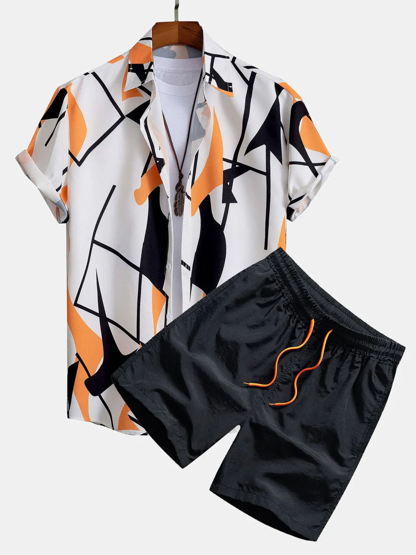 Herren Sommer Freizeit Zweiteiler mit Abstraktem Print – Modisches Kurzarmhemd & Shorts Set für Urlaub und Alltag - Image 11