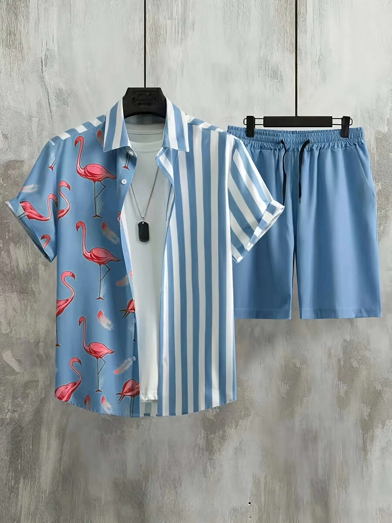 Herren Sommer Set Kurzarm Hemd und Shorts mit Flamingo-Print, Freizeit Outfit für Urlaub und Strand