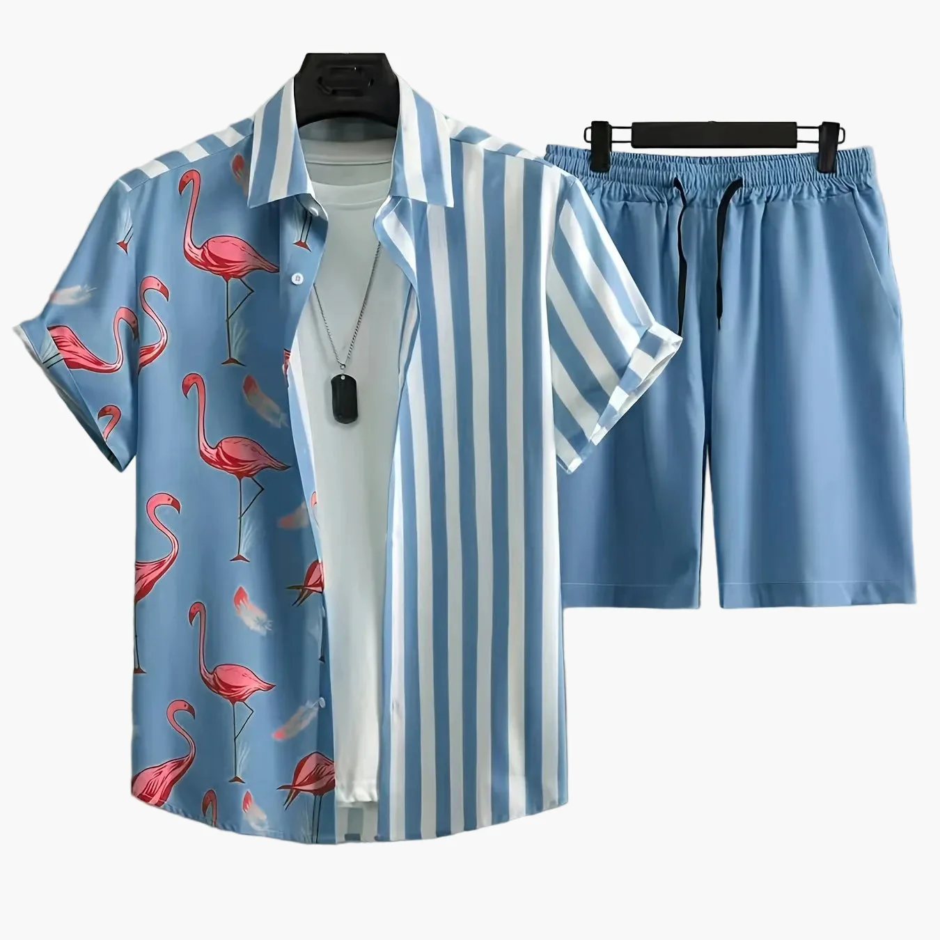 Herren Sommer Set Kurzarm Hemd und Shorts mit Flamingo-Print, Freizeit Outfit für Urlaub und Strand - Image 6