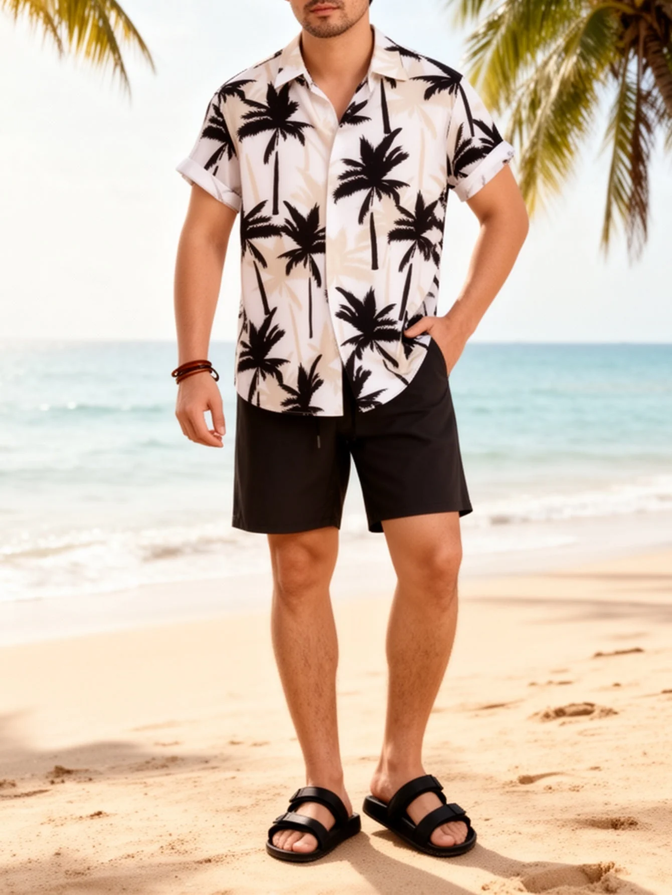 Herren Sommer Strand Set – Palmen Print Kurzarmhemd und Shorts, Freizeit Outfit