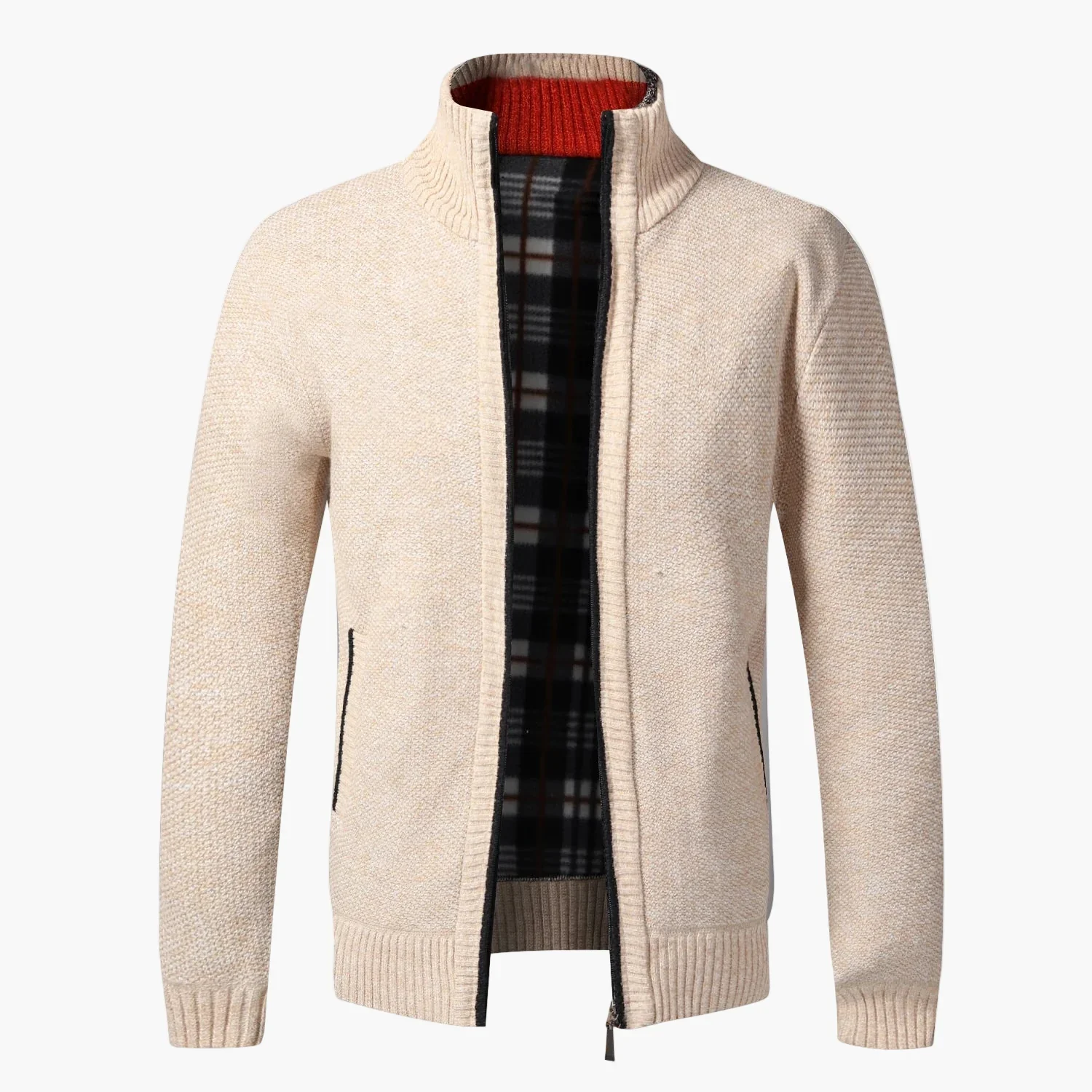 Herren Strick-Cardigan mit Stehkragen und kariertem Innenfutter – modische Freizeitjacke - Image 3