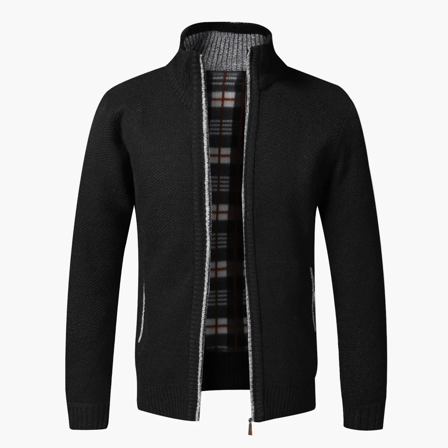 Herren Strick-Cardigan mit Stehkragen und kariertem Innenfutter – modische Freizeitjacke - Image 7