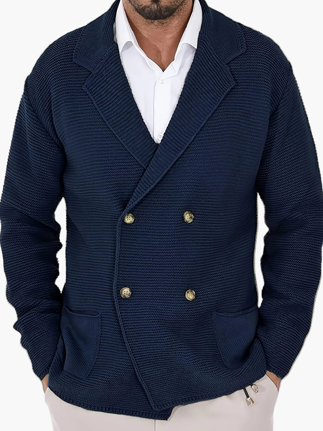 Herren Strickjacke mit Reverskragen, Doppelreiher – Eleganter Casual Blazer für Alltag und Büro - Image 4