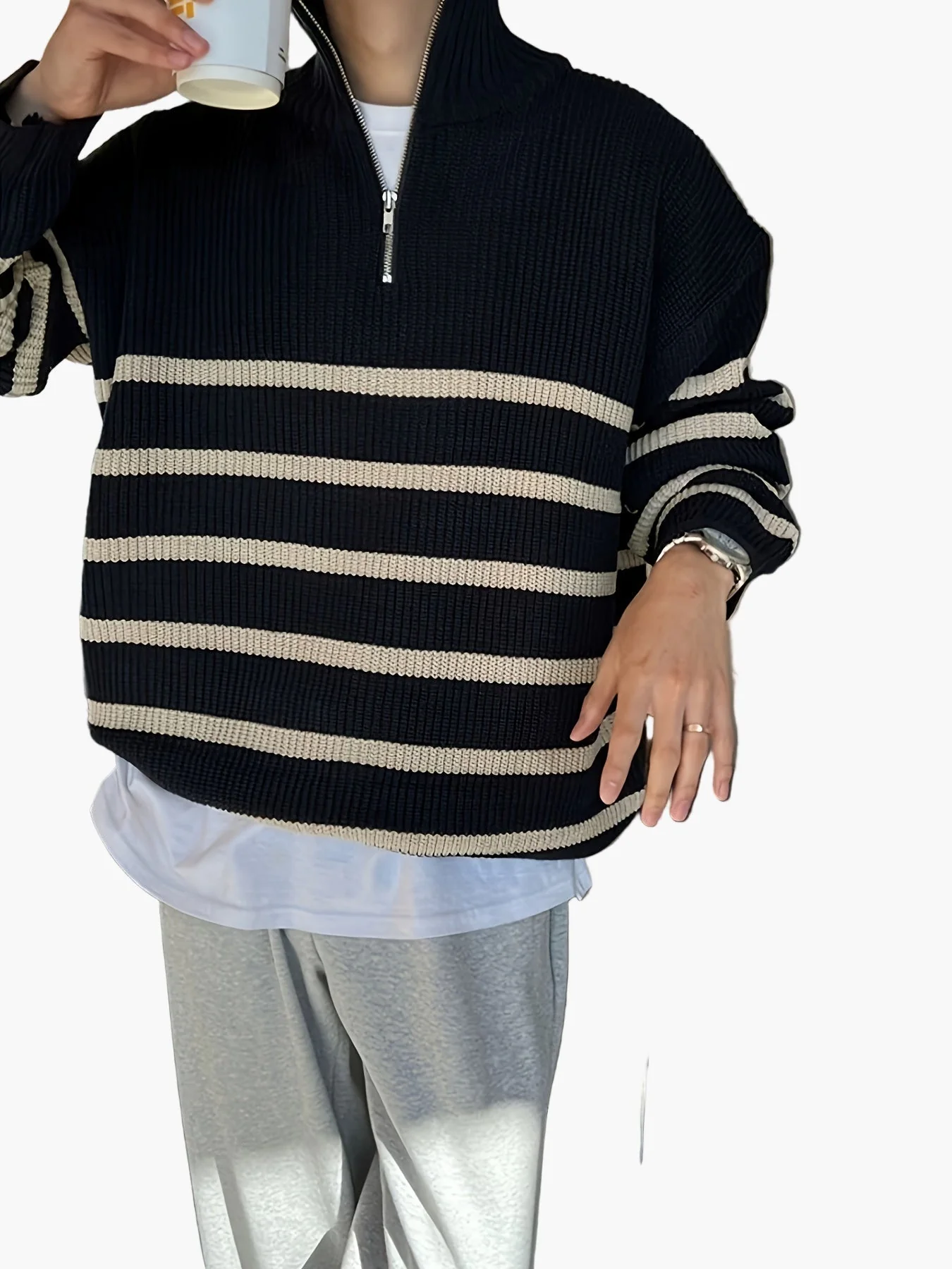Herren Strickpullover mit Reißverschluss, gestreifter Casual Look für Herbst und Winter - Image 10