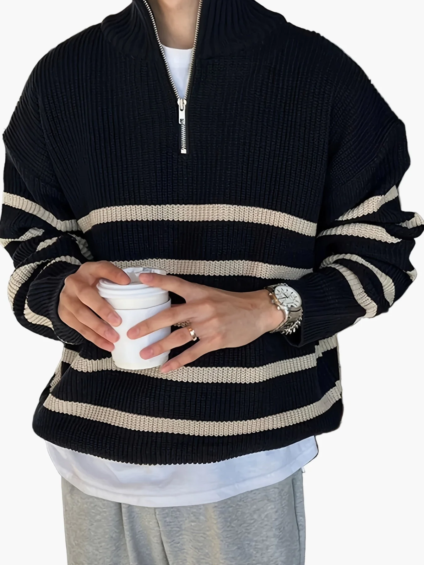 Herren Strickpullover mit Reißverschluss, gestreifter Casual Look für Herbst und Winter - Image 2