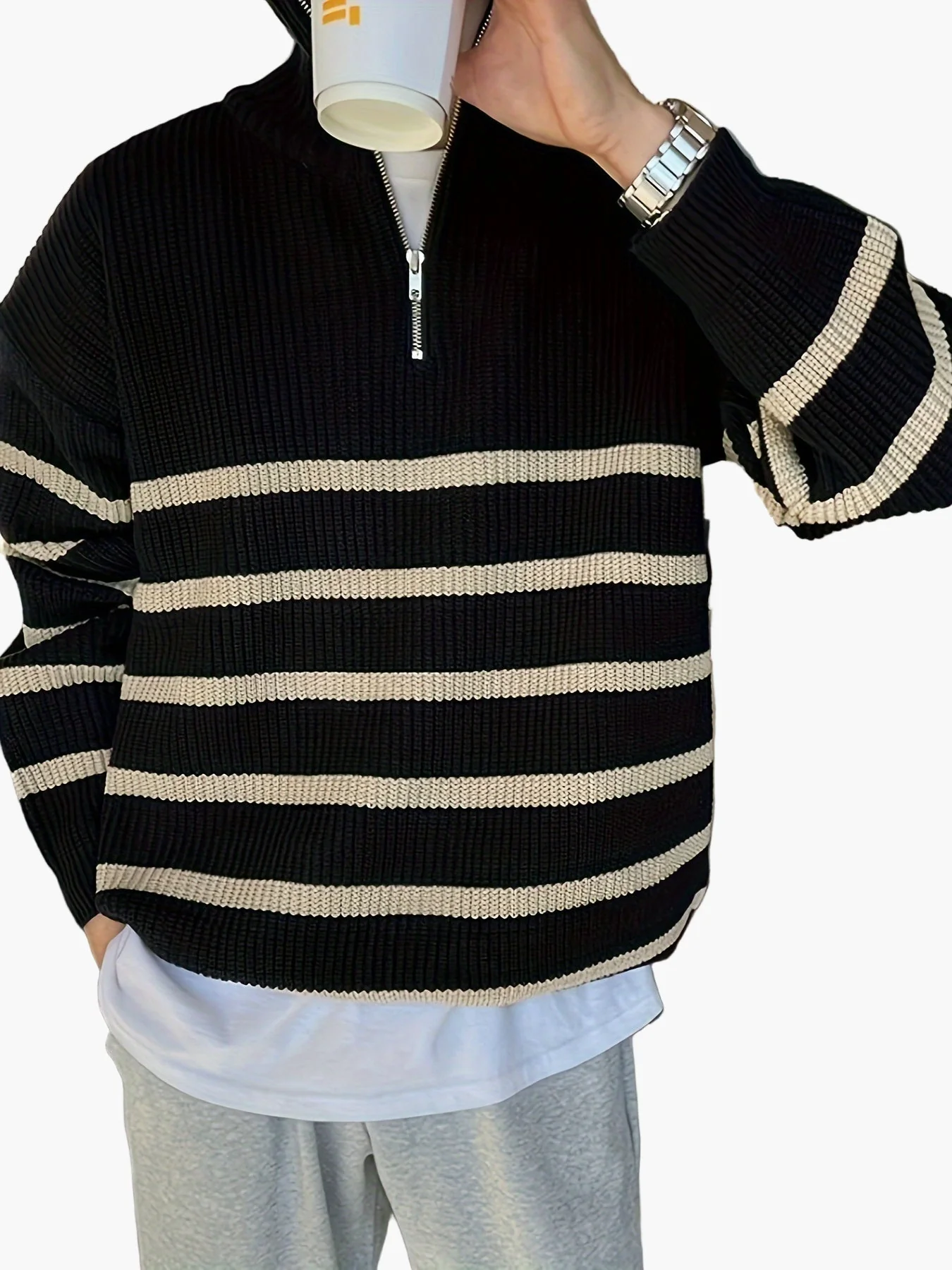 Herren Strickpullover mit Reißverschluss, gestreifter Casual Look für Herbst und Winter - Image 4