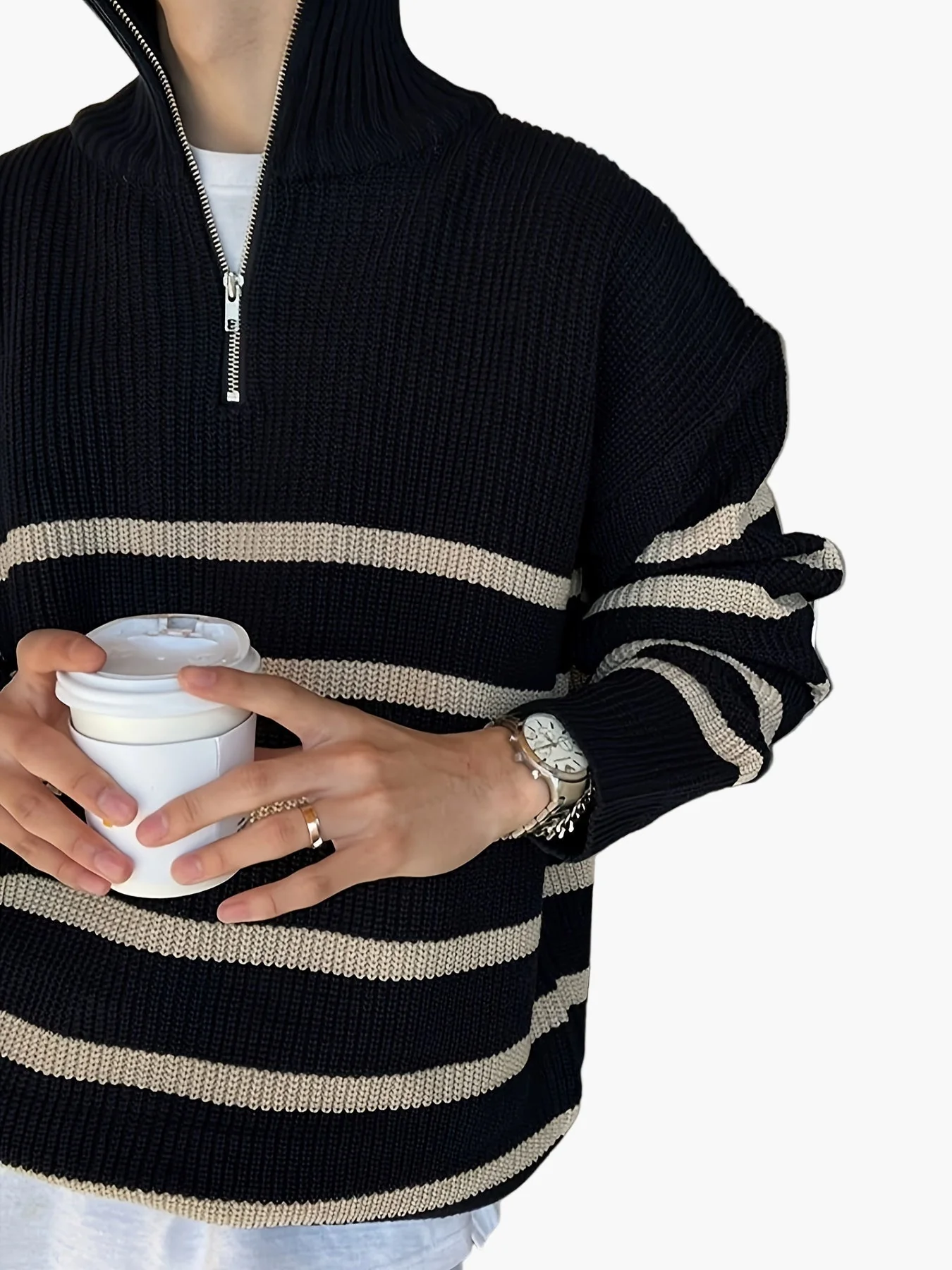 Herren Strickpullover mit Reißverschluss, gestreifter Casual Look für Herbst und Winter - Image 8